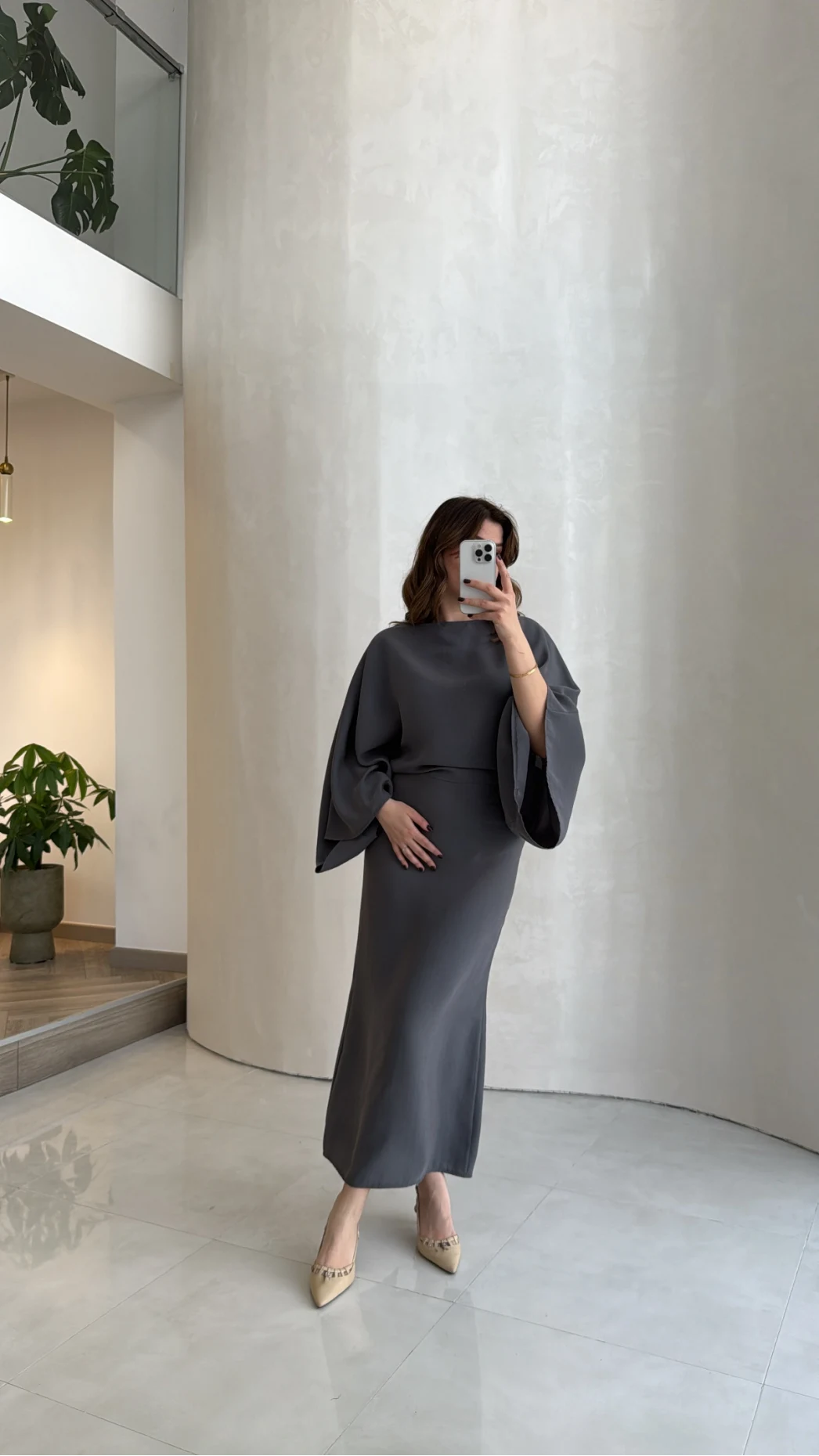 Dökümlü Beli Bağlamalı Modal Elbise - Antrasit - Kod: 1042