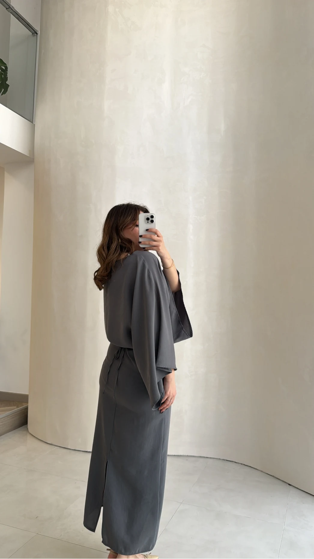 Dökümlü Beli Bağlamalı Modal Elbise - Antrasit - Kod: 1042