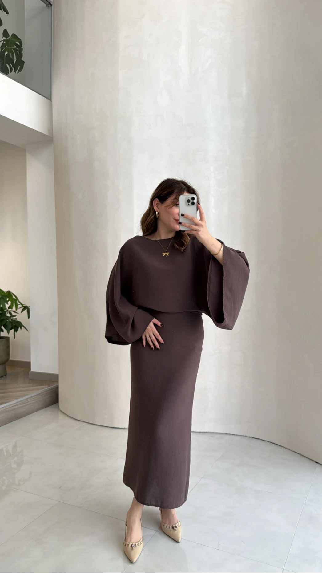 Dökümlü Beli Bağlamalı Modal Elbise - Kahve - Kod: 1042