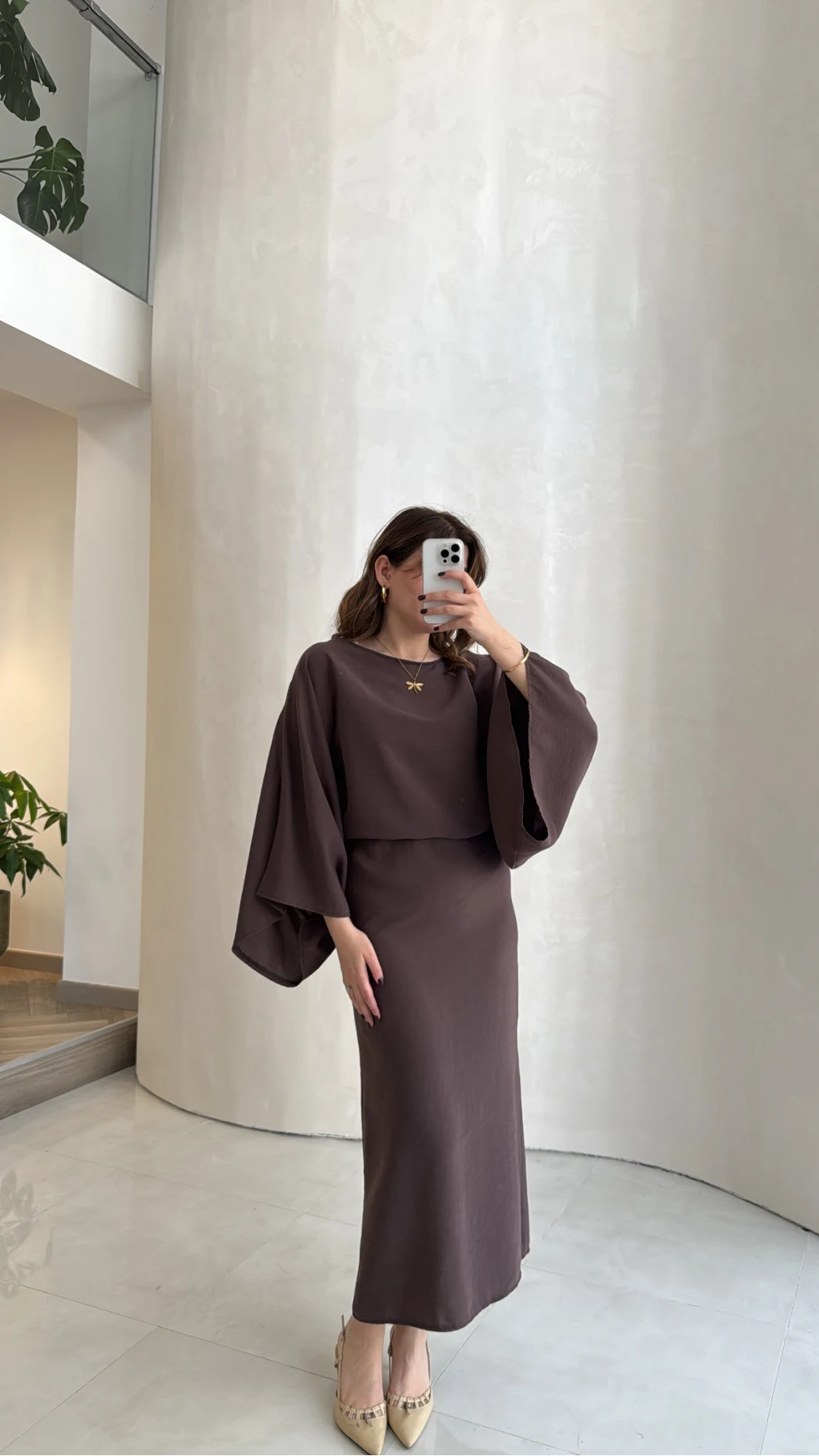 Dökümlü Beli Bağlamalı Modal Elbise - Kahve - Kod: 1042