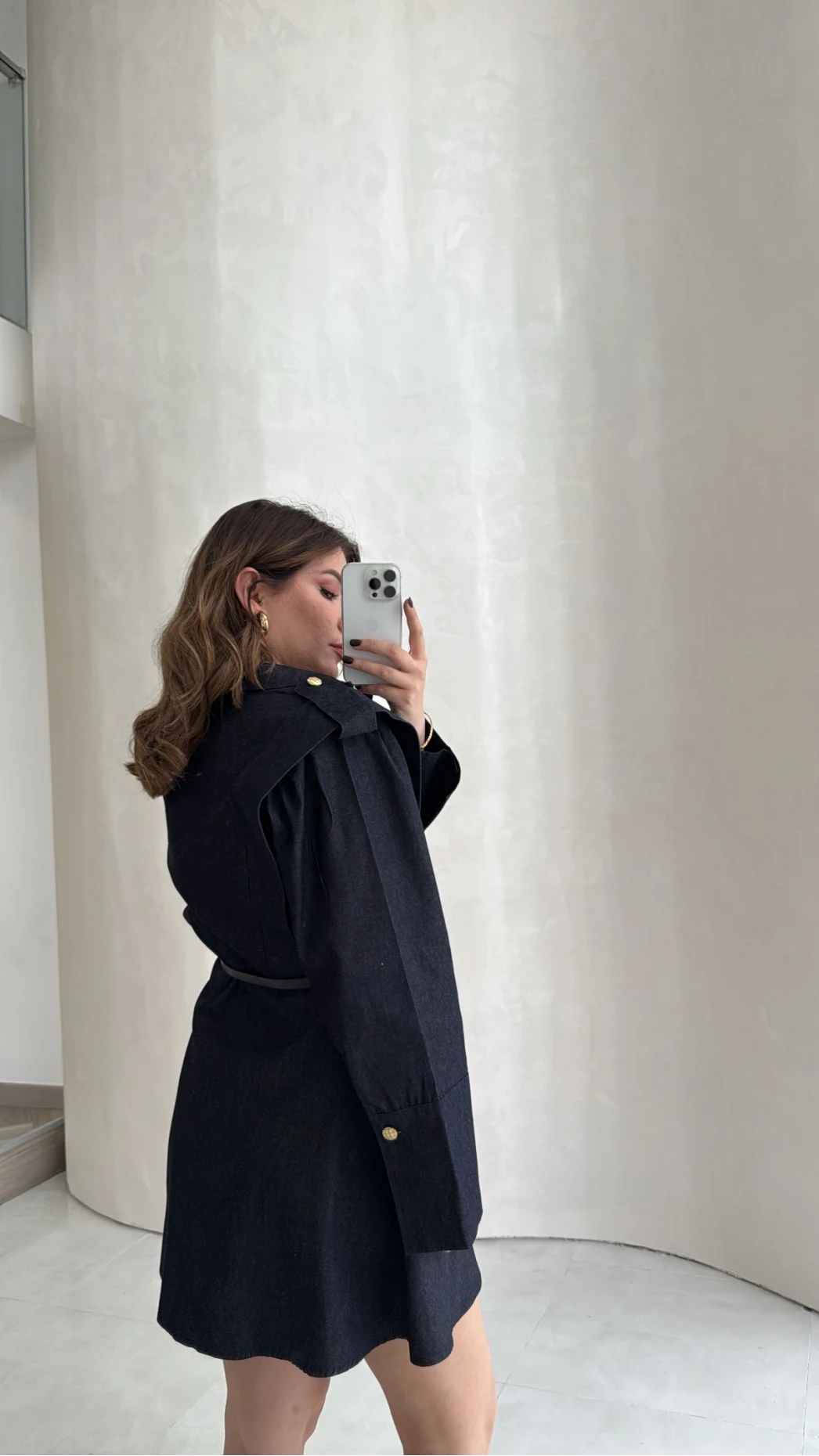 Gold Düğmeli Kemerli Denim Mini Elbise - Lacivert - Kod: 5005