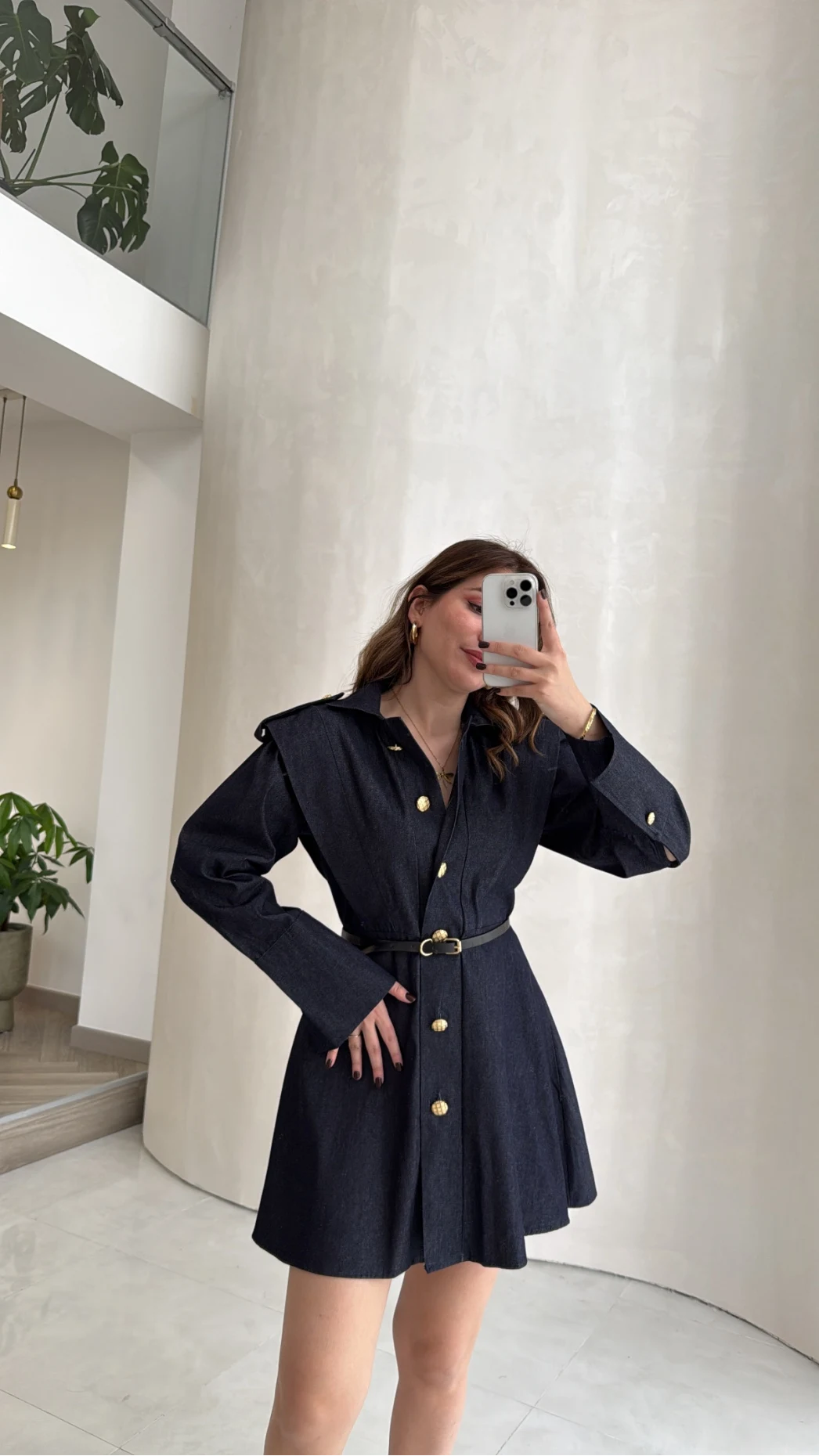 Gold Düğmeli Kemerli Denim Mini Elbise - Lacivert - Kod: 5005