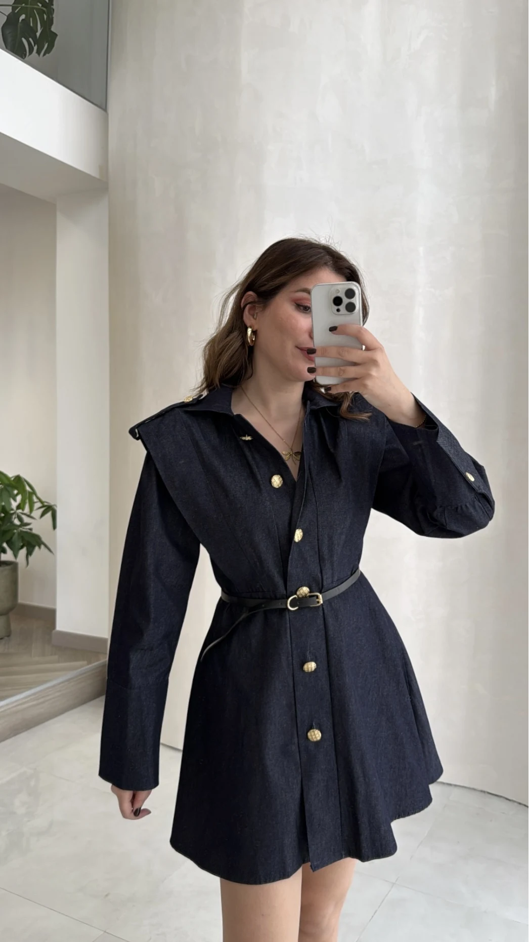 Gold Düğmeli Kemerli Denim Mini Elbise - Lacivert - Kod: 5005