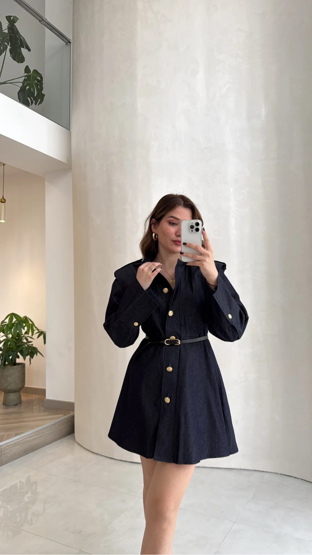 Gold Düğmeli Kemerli Denim Mini Elbise - Lacivert - Kod: 5005