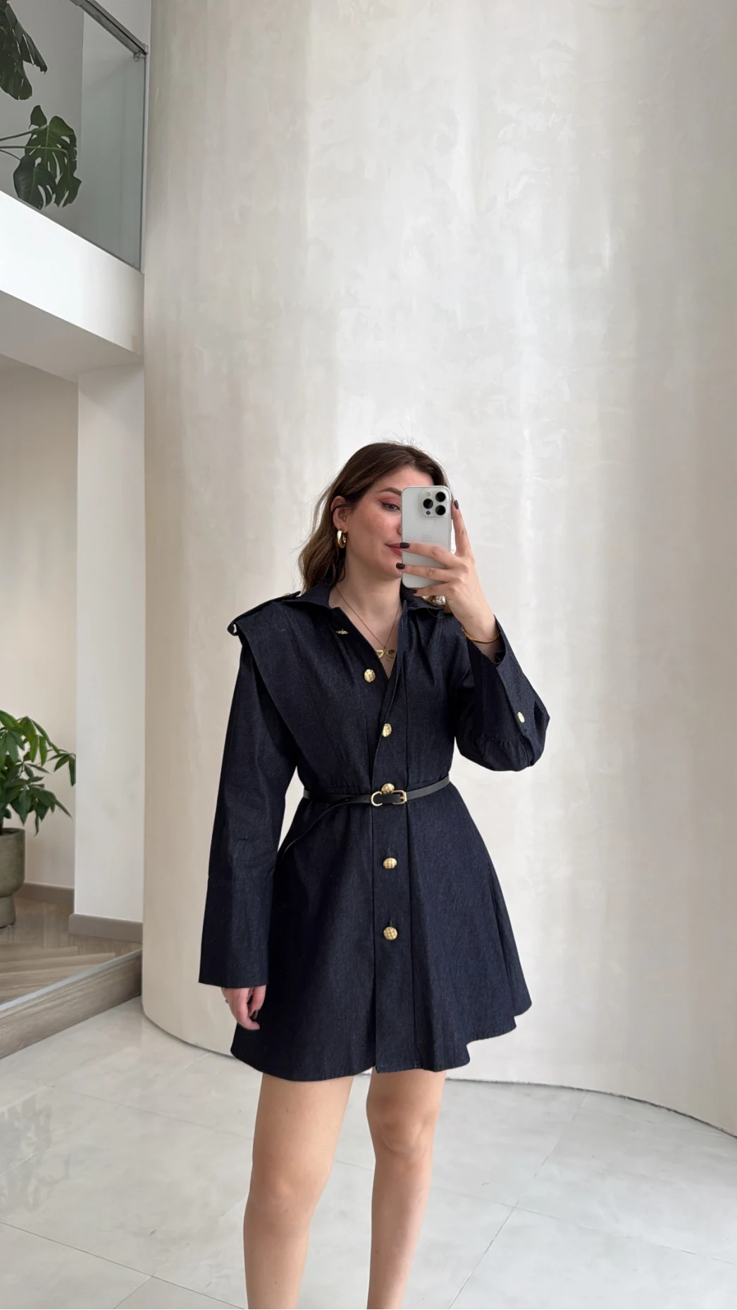 Gold Düğmeli Kemerli Denim Mini Elbise - Lacivert - Kod: 5005