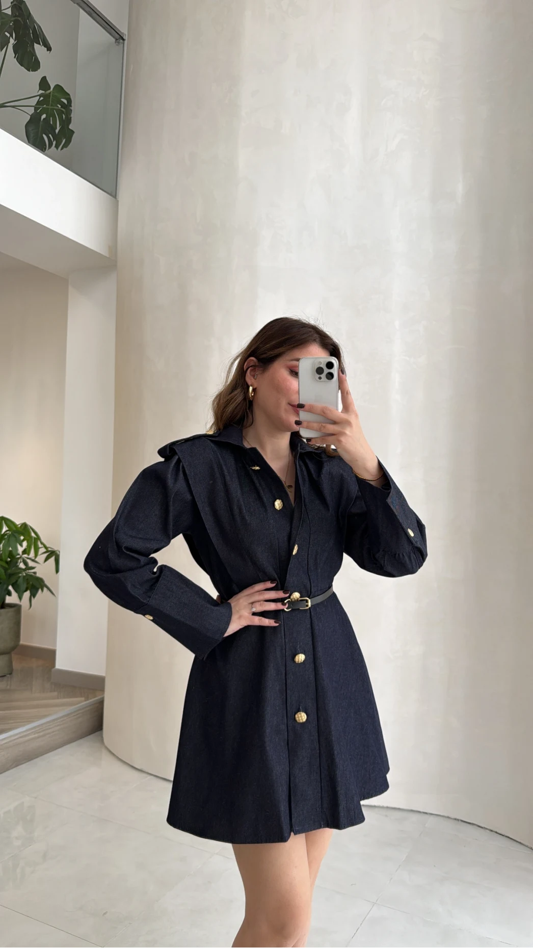 Gold Düğmeli Kemerli Denim Mini Elbise - Lacivert - Kod: 5005