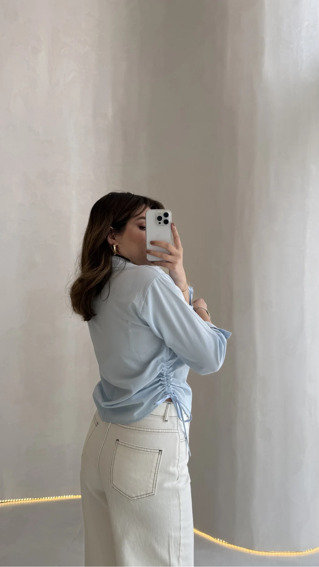 Yanı Büzgü Detay Gömlek - Mavi - Kod: 2210