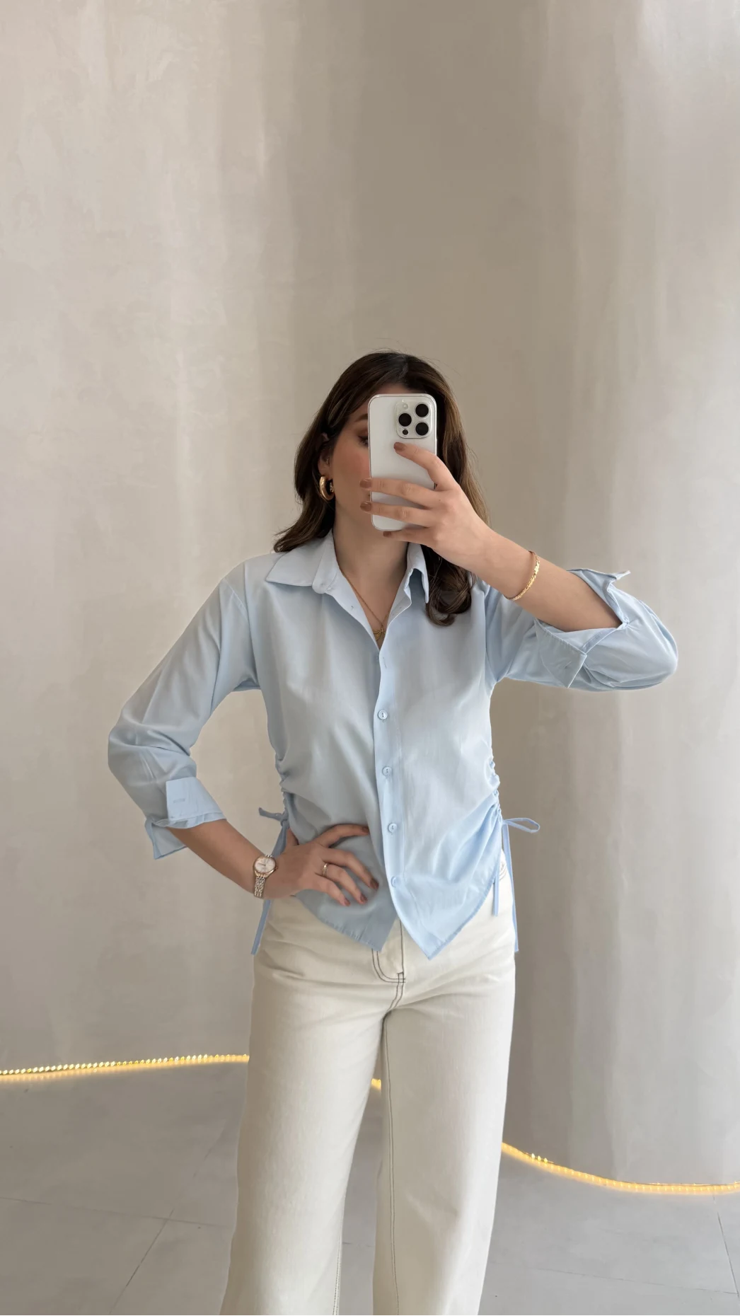 Yanı Büzgü Detay Gömlek - Mavi - Kod: 2210