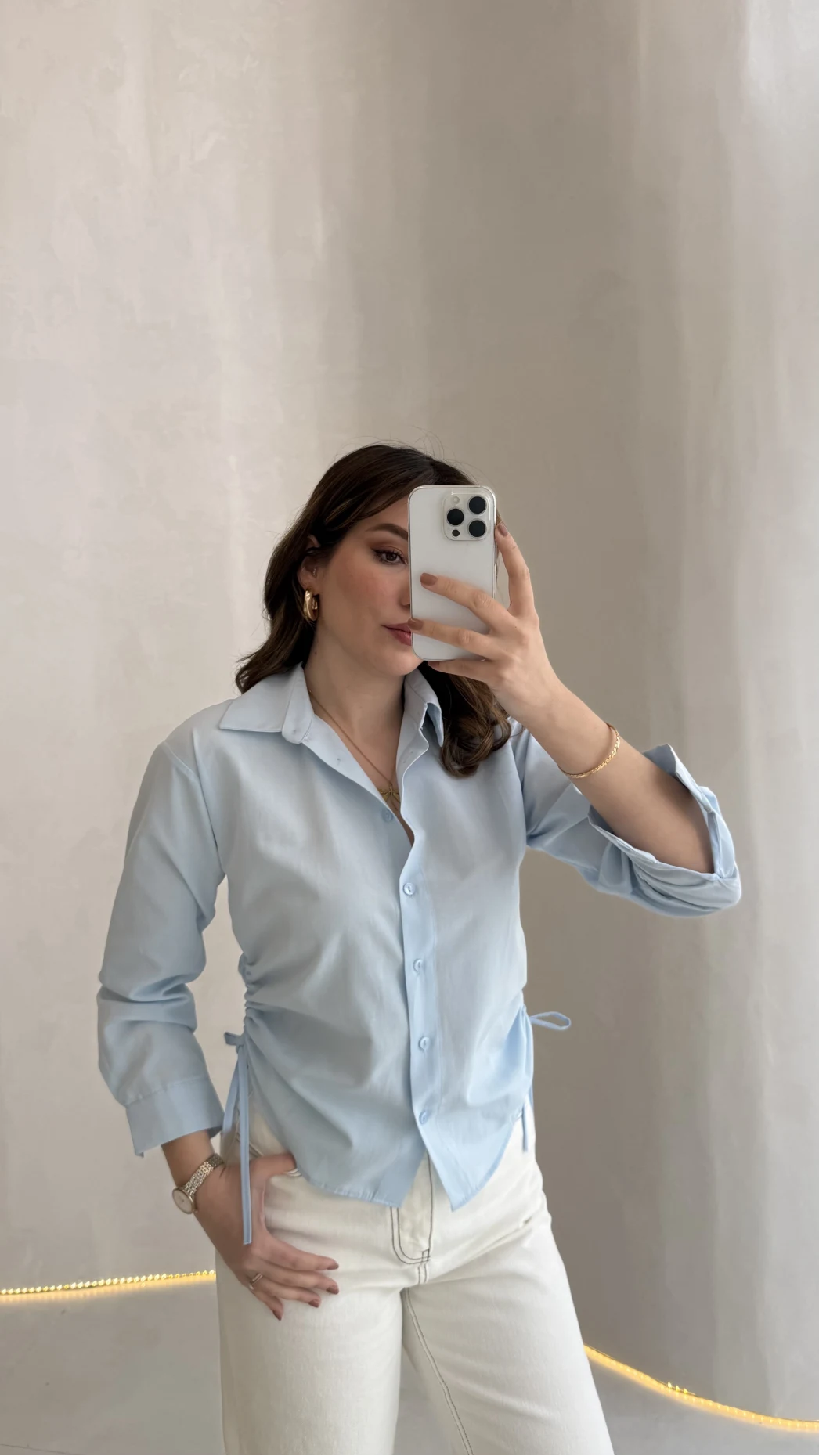 Yanı Büzgü Detay Gömlek - Mavi - Kod: 2210