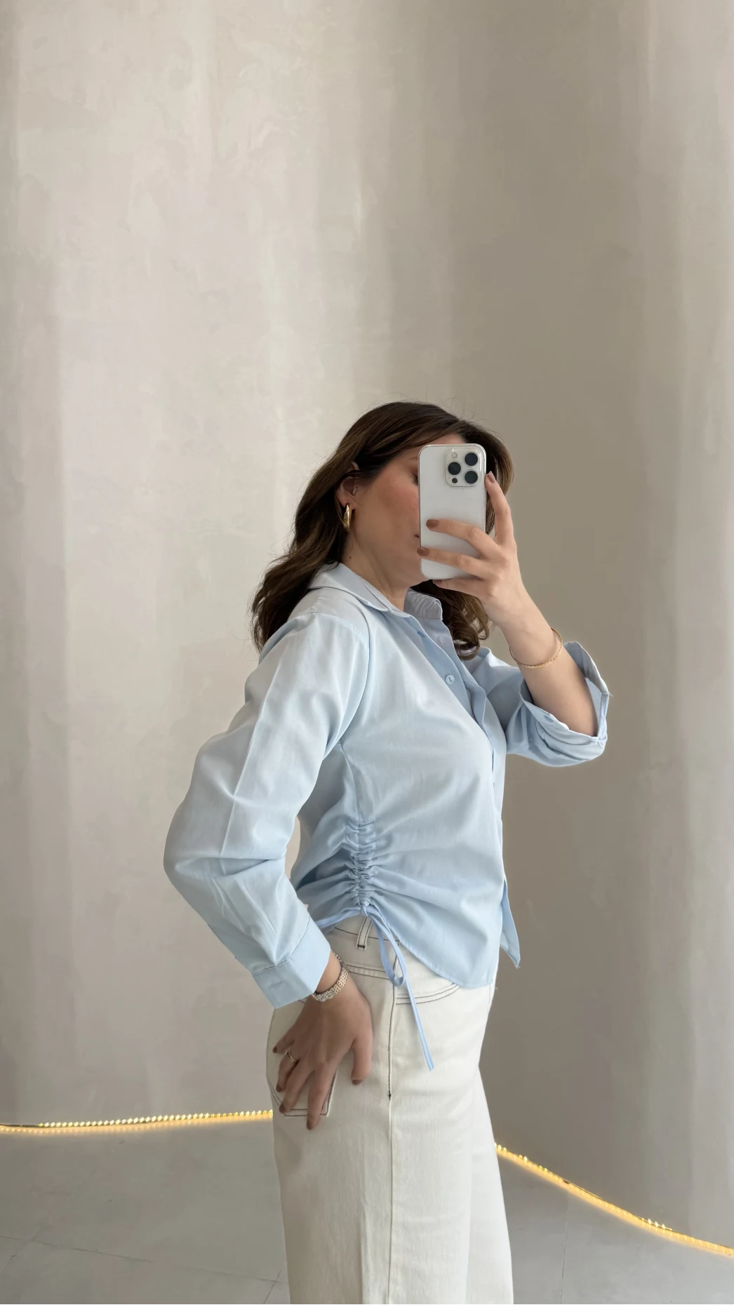 Yanı Büzgü Detay Gömlek - Mavi - Kod: 2210