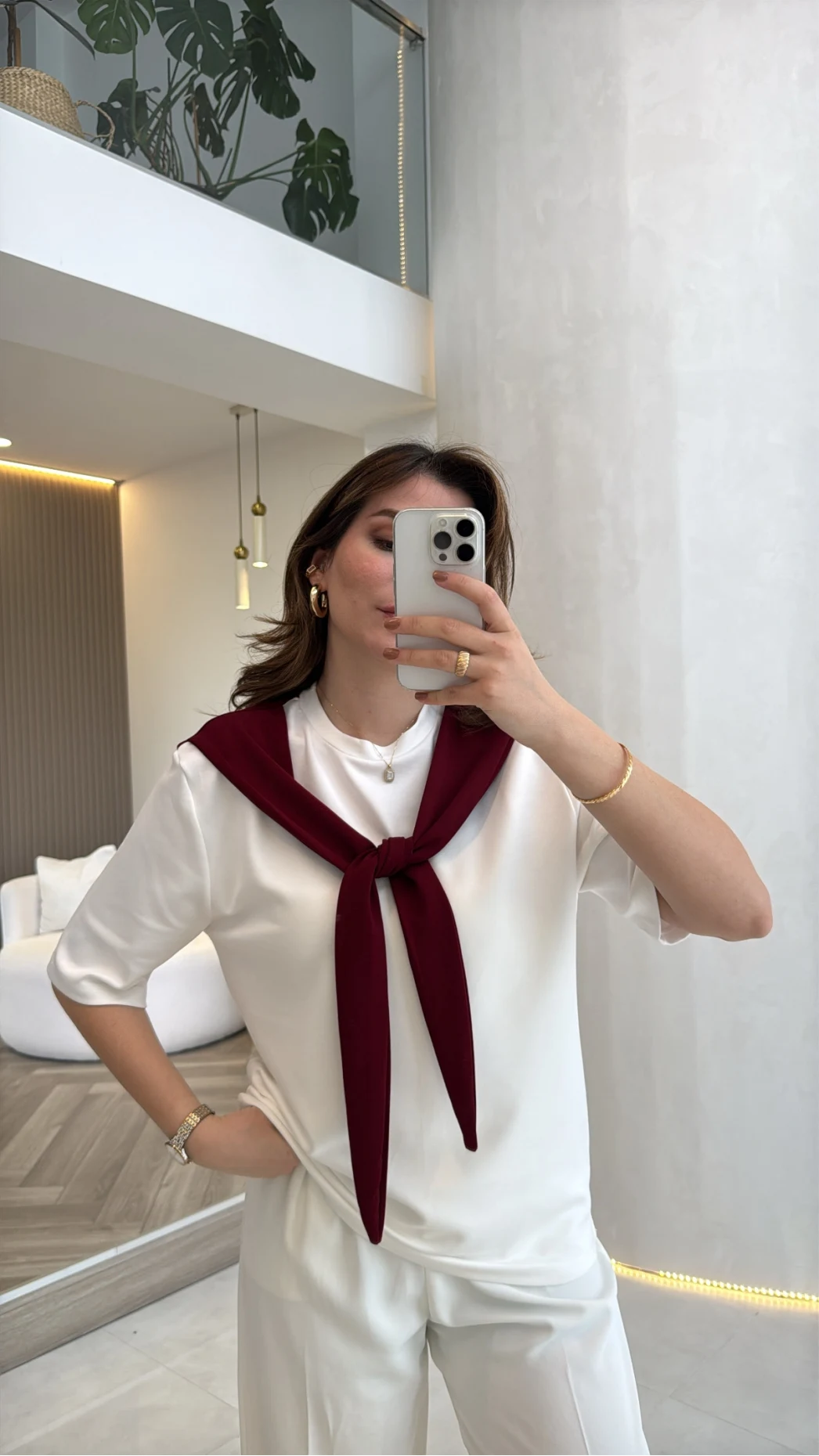 Sawa Fular Detay T-Shirt - Bordo - Kod: 1094