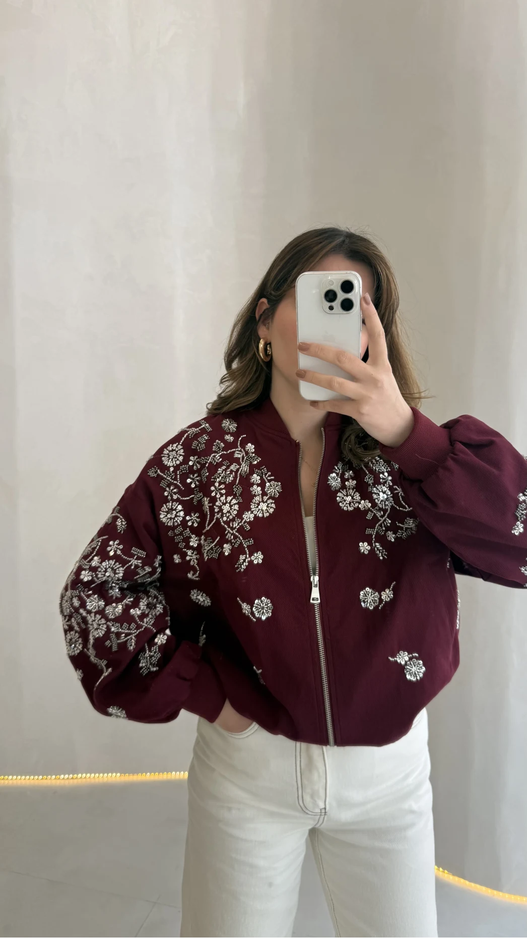 Premium Taş Pul Detaylı Pamuklu Ceket - Bordo - Kod: 99927