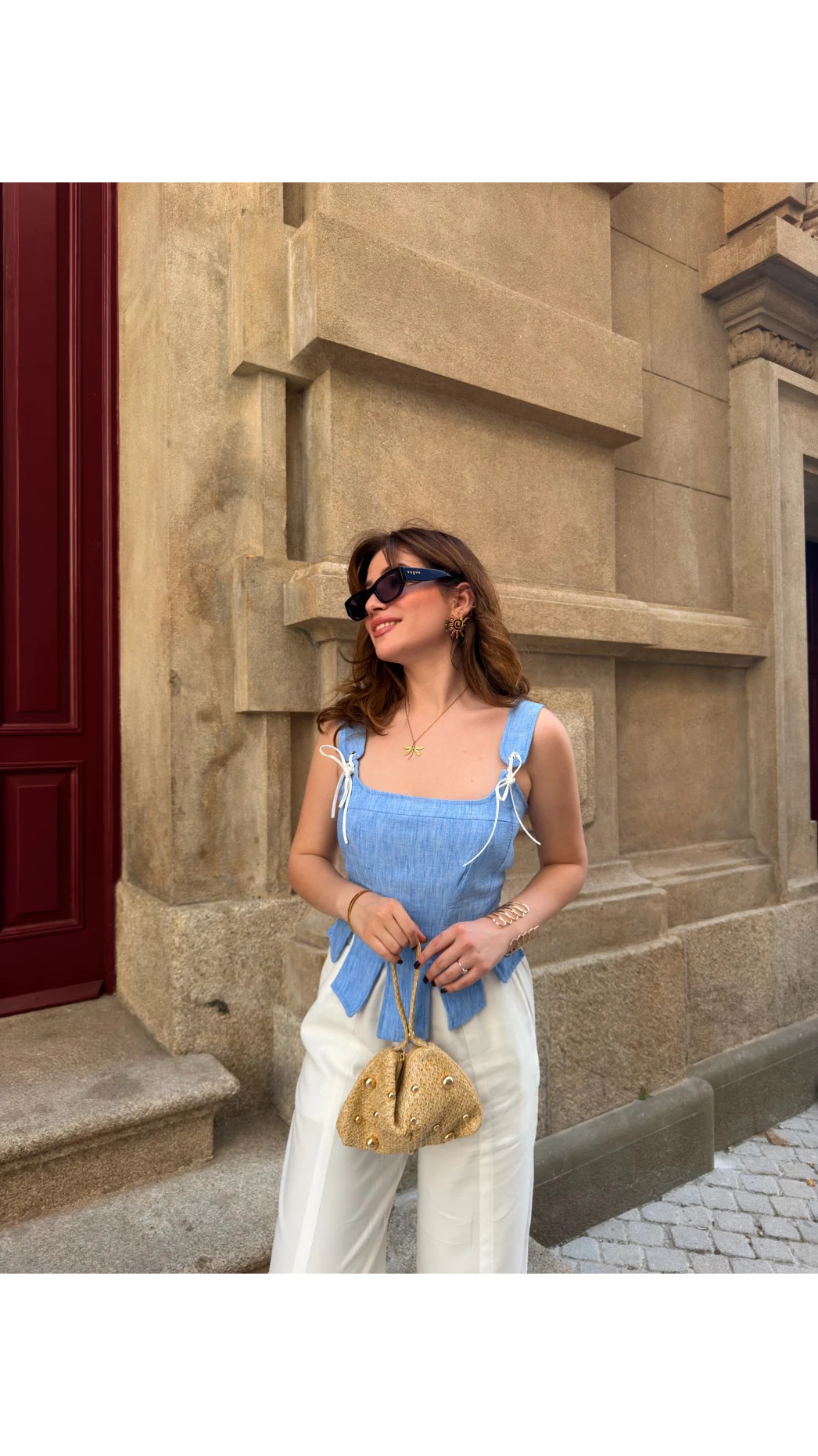 Korse Detay Askılı Crop Bluz - Mavi - Kod: 580930