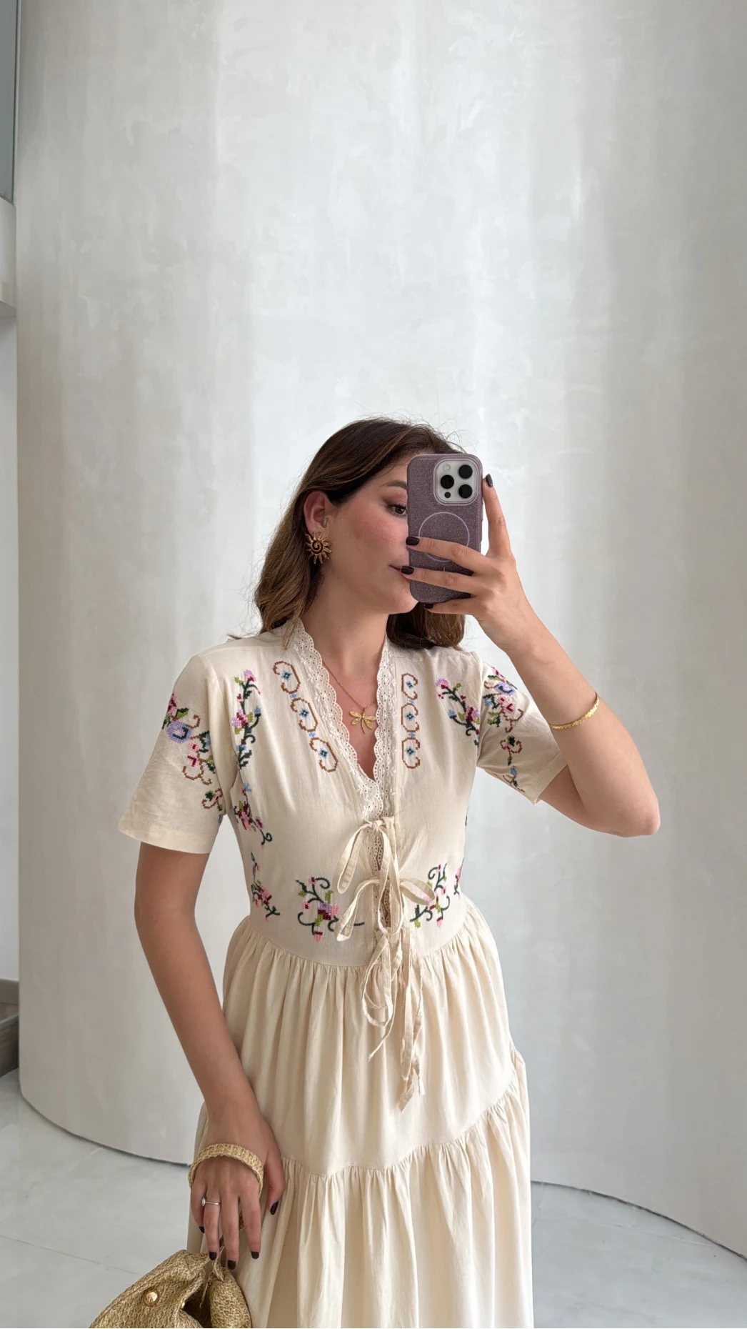 Caroline Nakış Detaylı Elbise - Bej