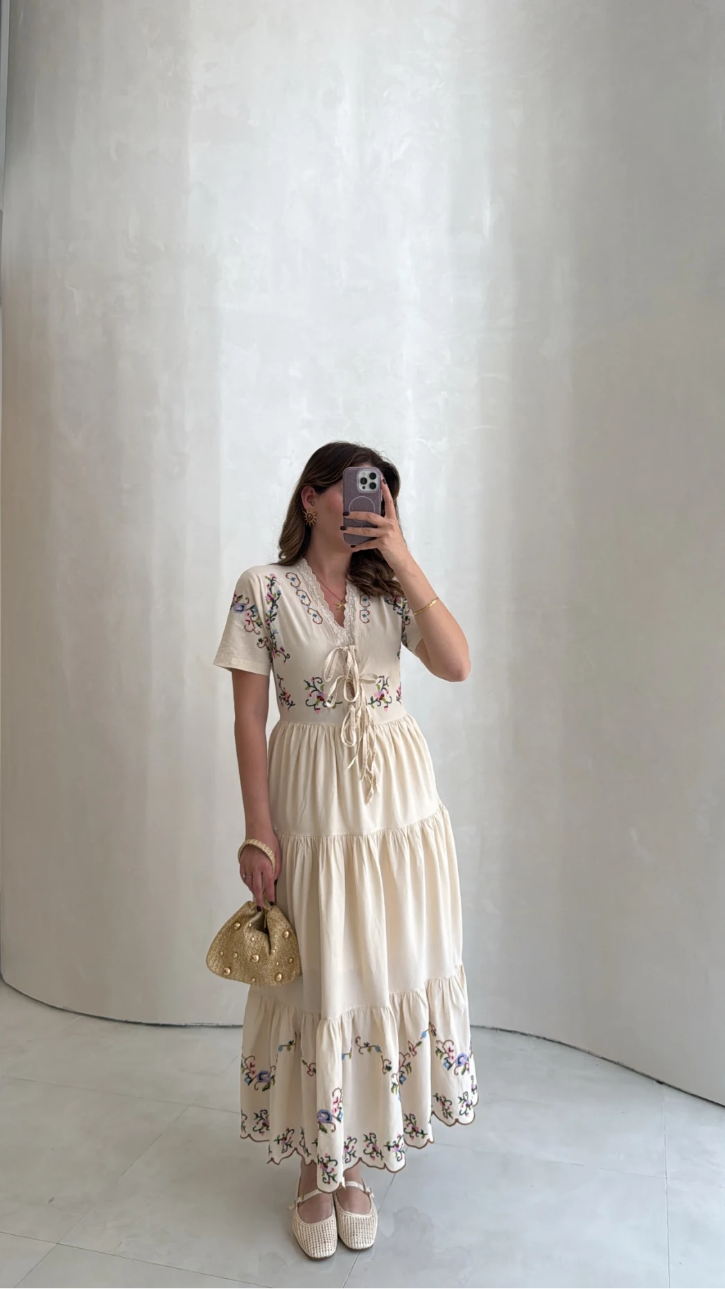 Caroline Nakış Detaylı Elbise - Bej