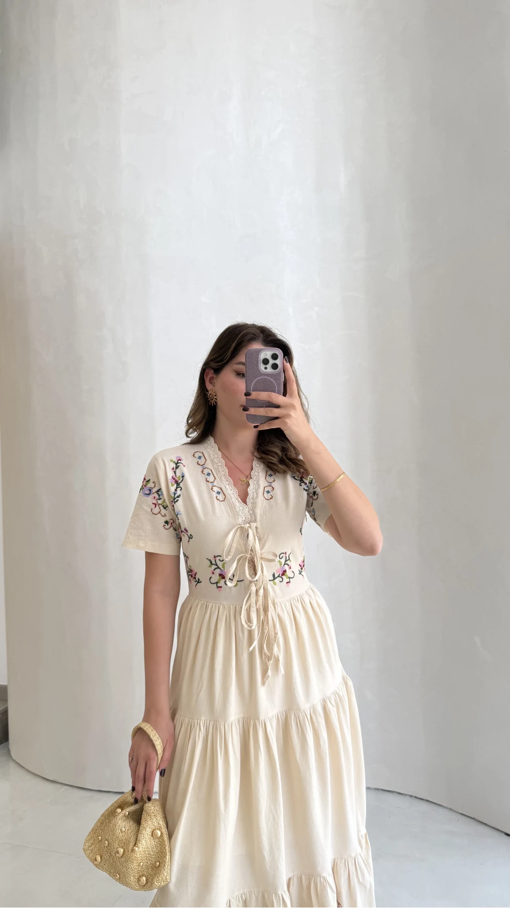 Caroline Nakış Detaylı Elbise - Bej