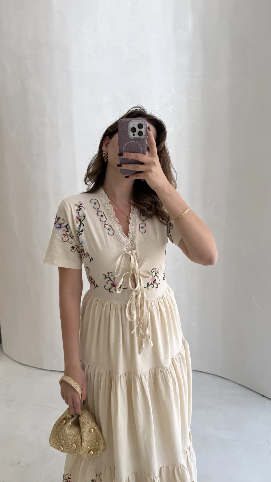 Caroline Nakış Detaylı Elbise - Bej