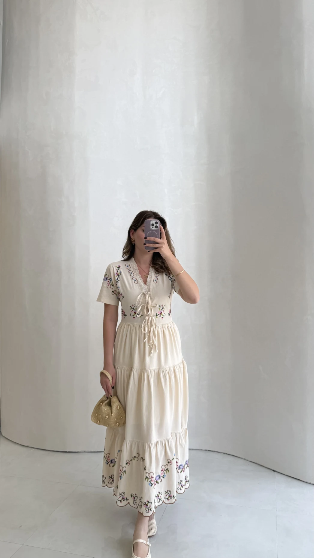 Caroline Nakış Detaylı Elbise - Bej