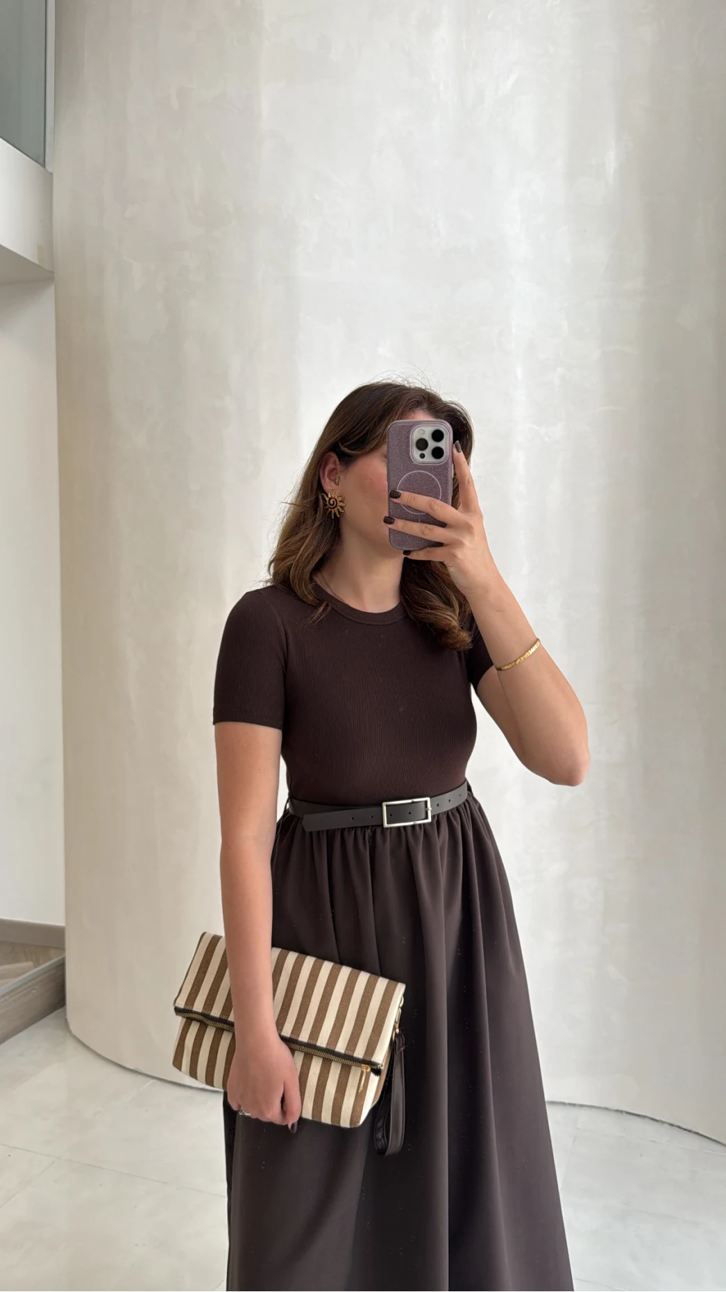 Kısa Kol Beli Lastikli Kemerli Elbise - Acı Kahve - Kod: 4113