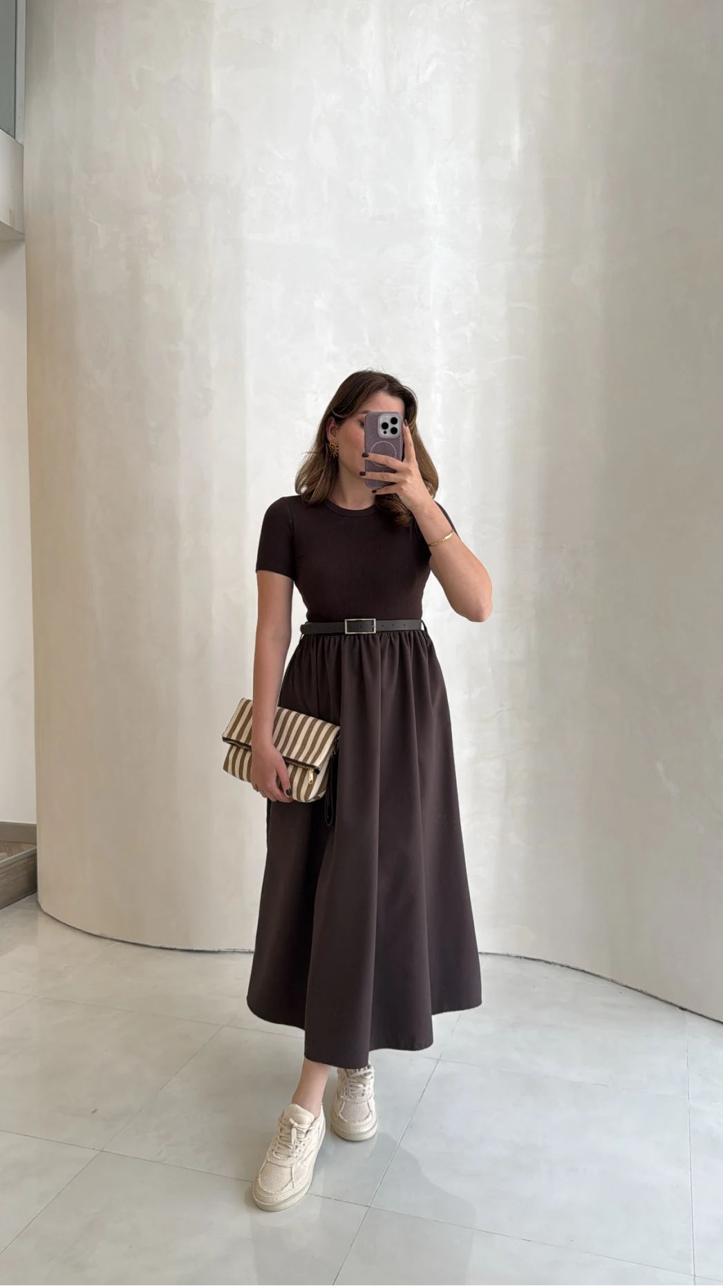 Kısa Kol Beli Lastikli Kemerli Elbise - Acı Kahve - Kod: 4113