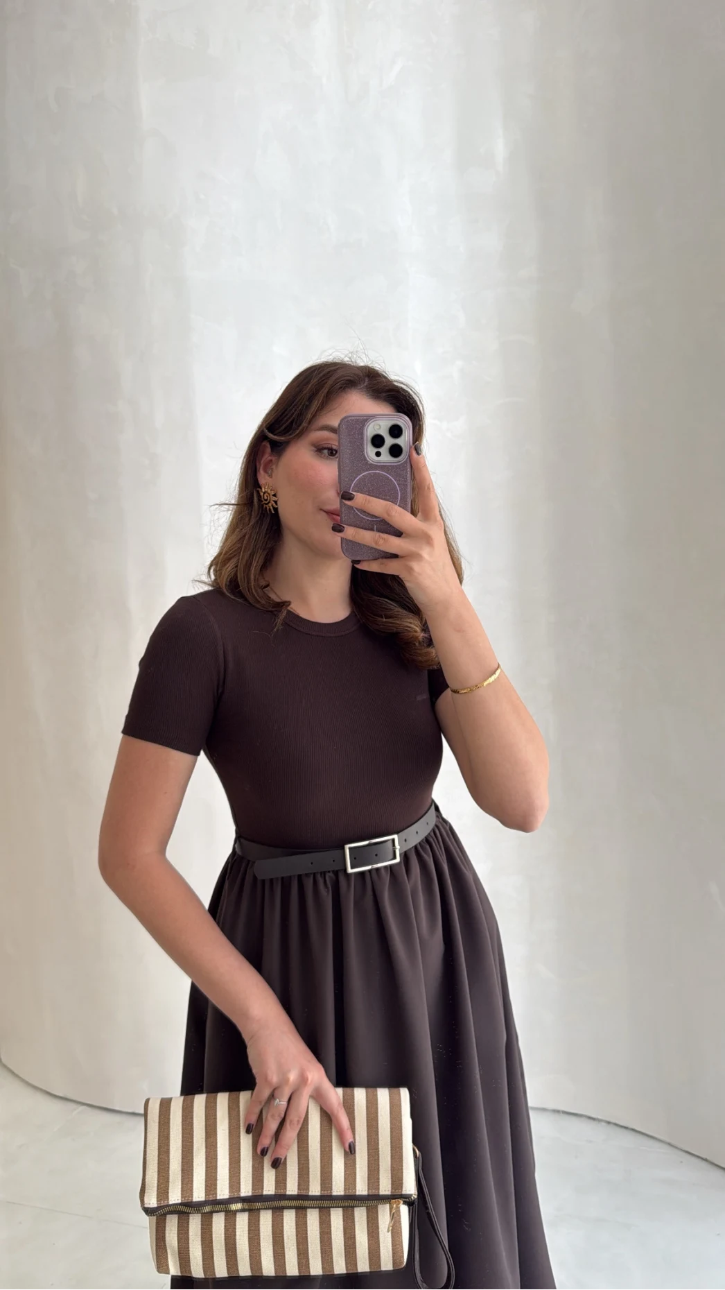 Kısa Kol Beli Lastikli Kemerli Elbise - Acı Kahve - Kod: 4113