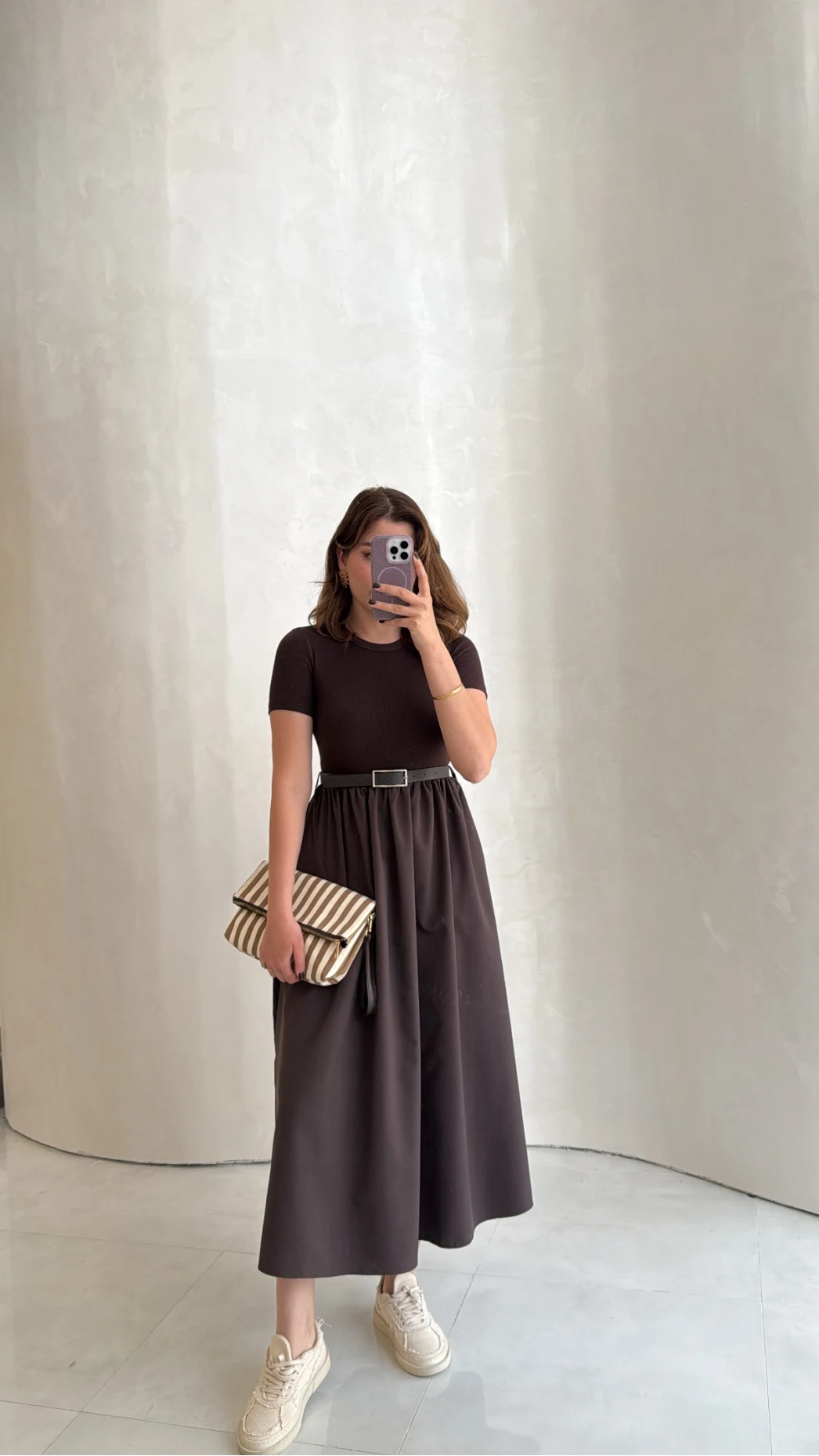 Kısa Kol Beli Lastikli Kemerli Elbise - Acı Kahve - Kod: 4113