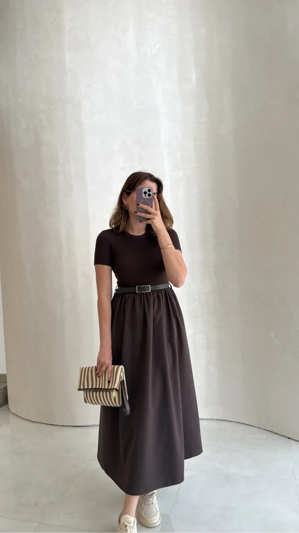 Kısa Kol Beli Lastikli Kemerli Elbise - Acı Kahve - Kod: 4113