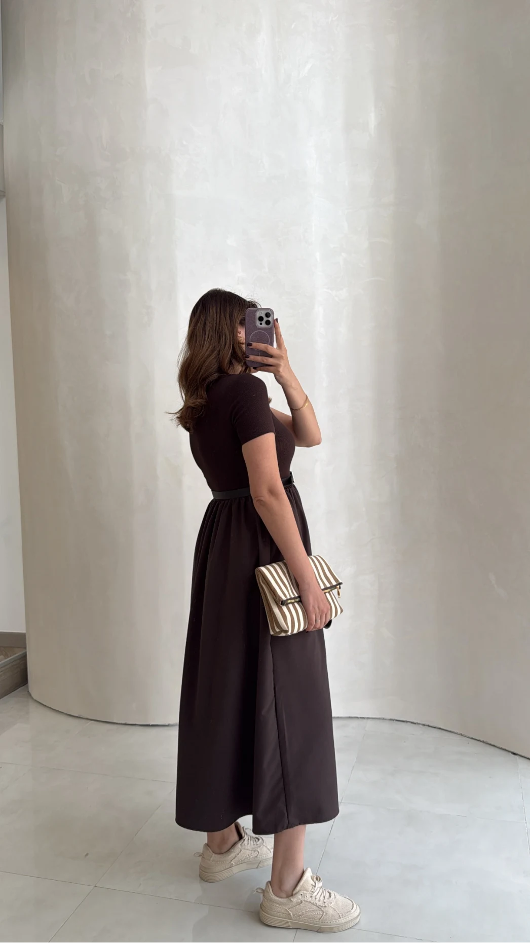 Kısa Kol Beli Lastikli Kemerli Elbise - Acı Kahve - Kod: 4113