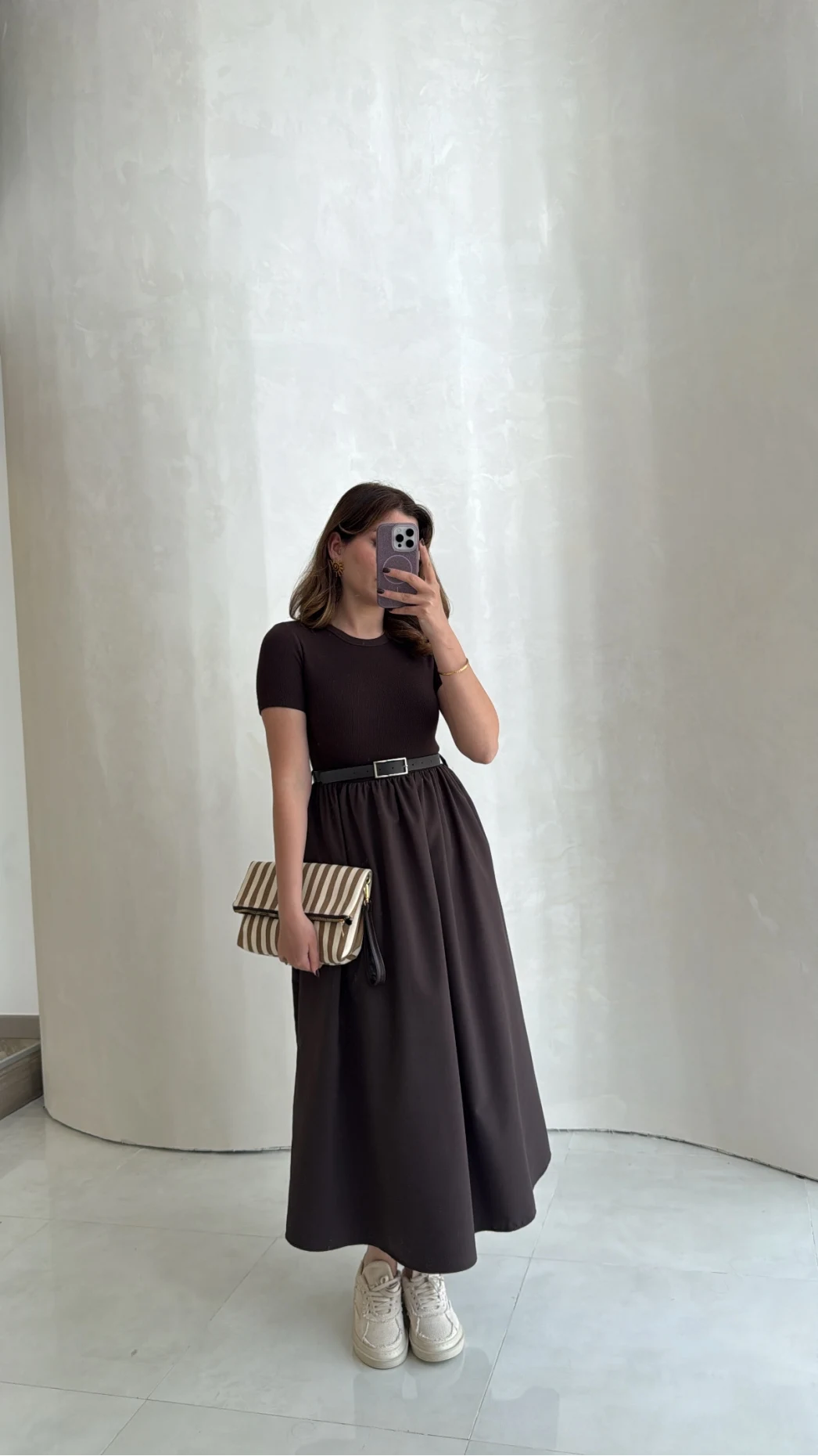 Kısa Kol Beli Lastikli Kemerli Elbise - Acı Kahve - Kod: 4113