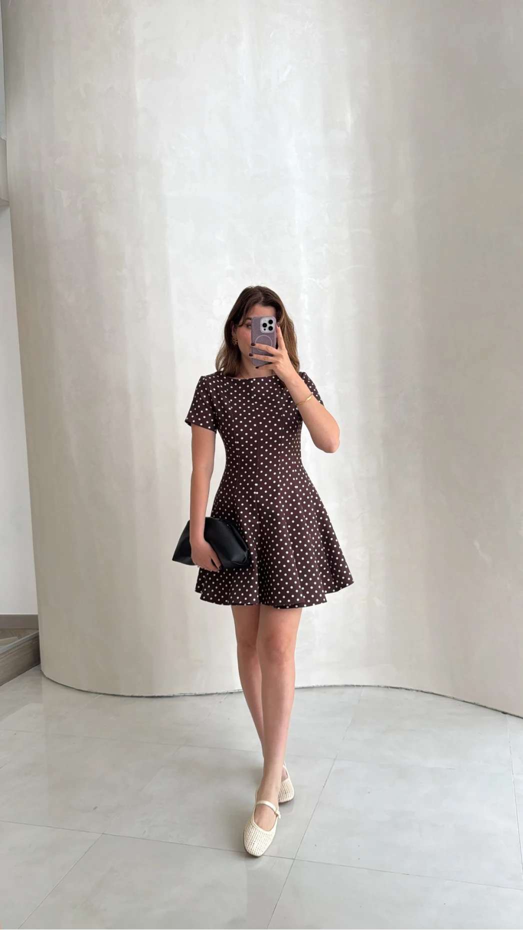 Melanie Puantiye Desenli Mini Elbise - Kahve - Kod: 0970