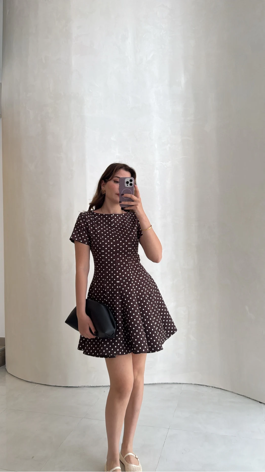 Melanie Puantiye Desenli Mini Elbise - Kahve - Kod: 0970