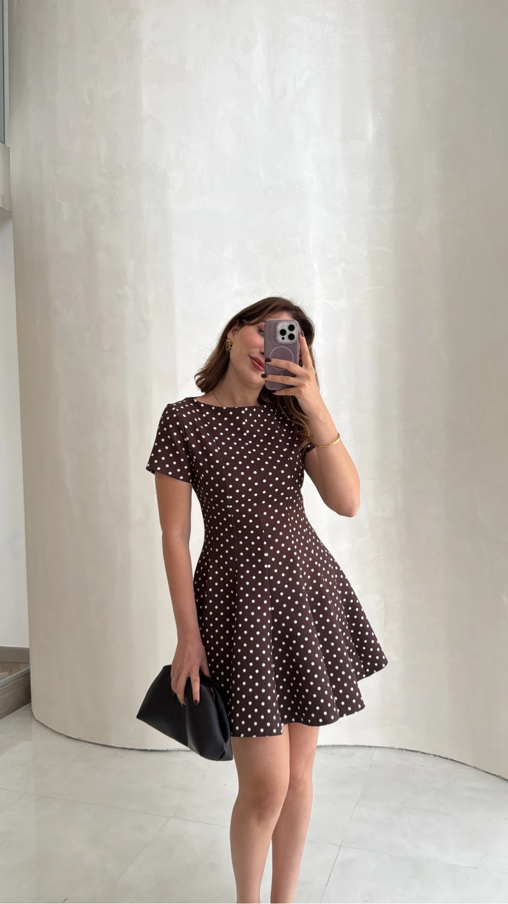 Melanie Puantiye Desenli Mini Elbise - Kahve - Kod: 0970