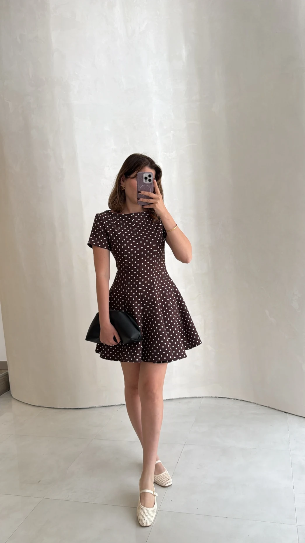 Melanie Puantiye Desenli Mini Elbise - Kahve - Kod: 0970