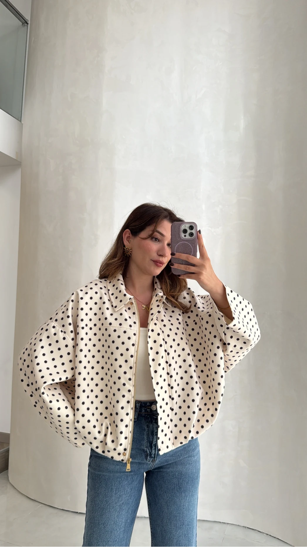 Dik Yaka Puantiyeli Bomber Ceket - Ekru - Kod: 260994