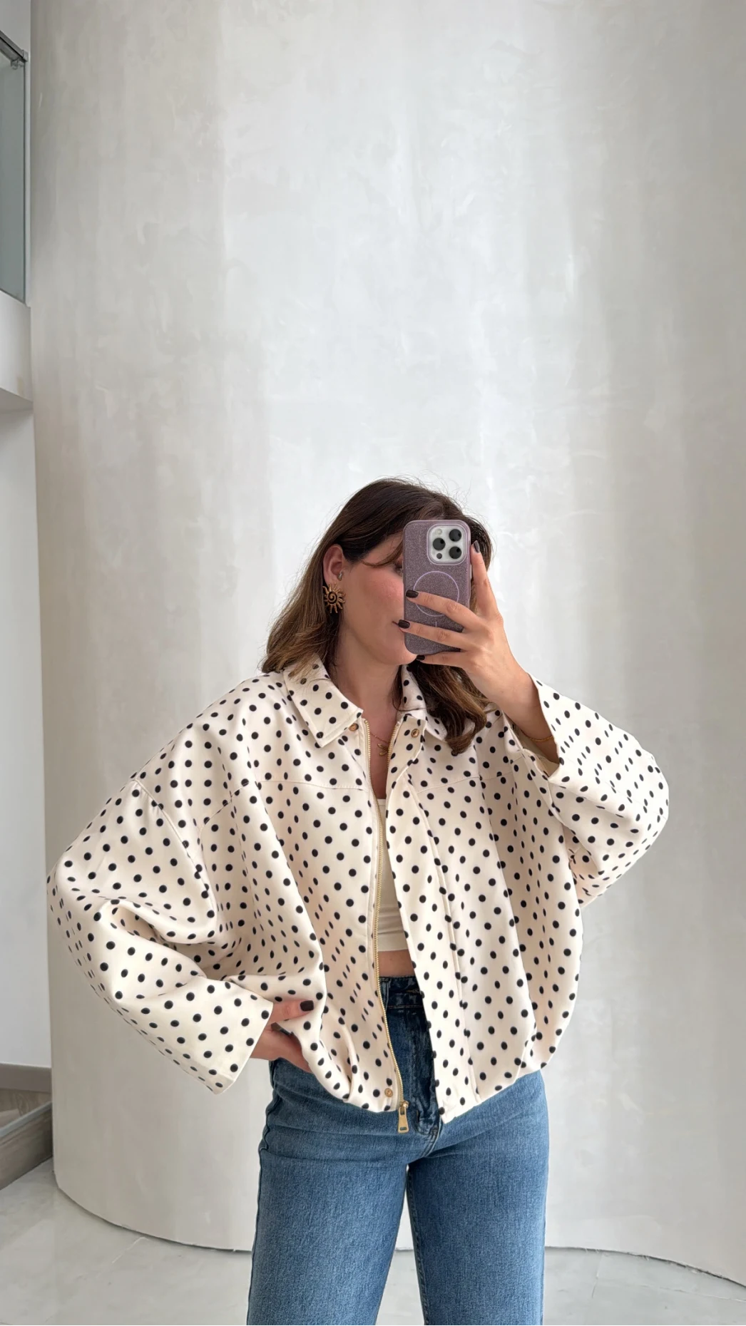 Dik Yaka Puantiyeli Bomber Ceket - Ekru - Kod: 260994