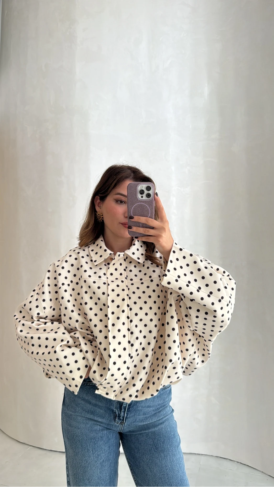 Dik Yaka Puantiyeli Bomber Ceket - Ekru - Kod: 260994