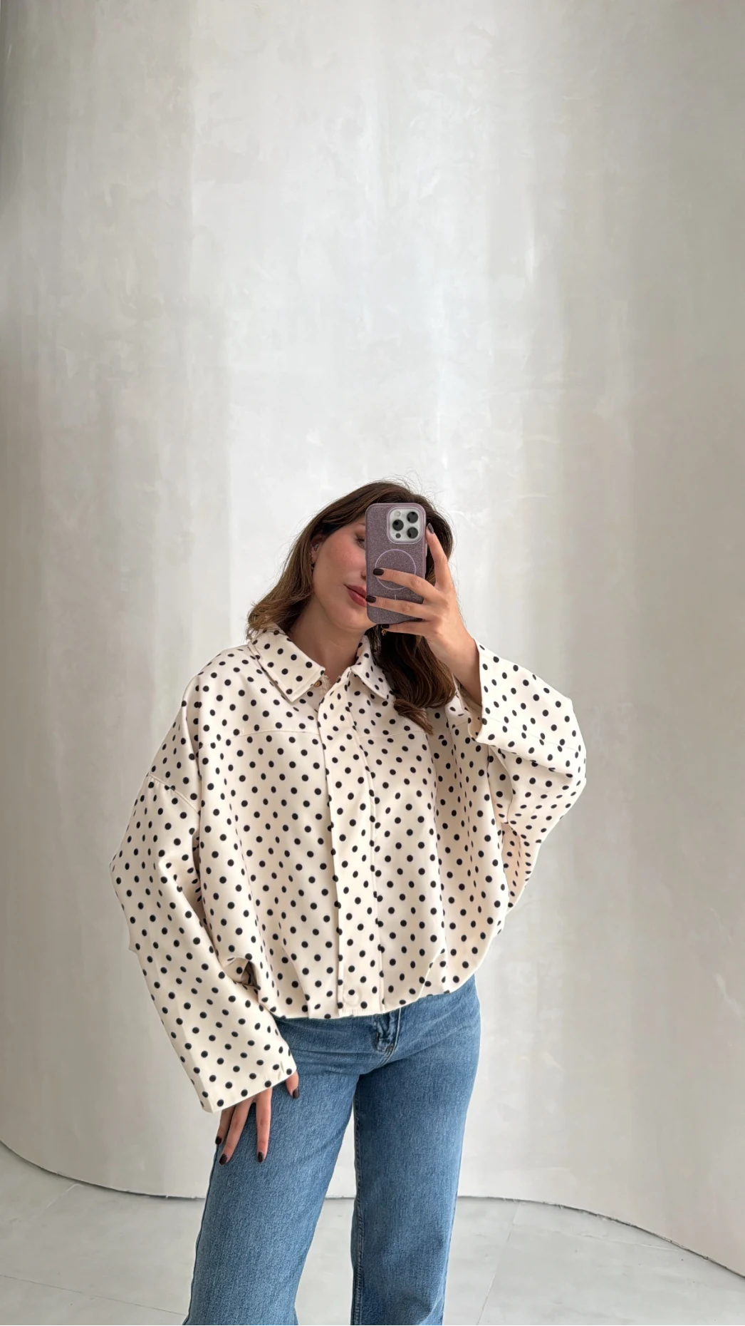 Dik Yaka Puantiyeli Bomber Ceket - Ekru - Kod: 260994