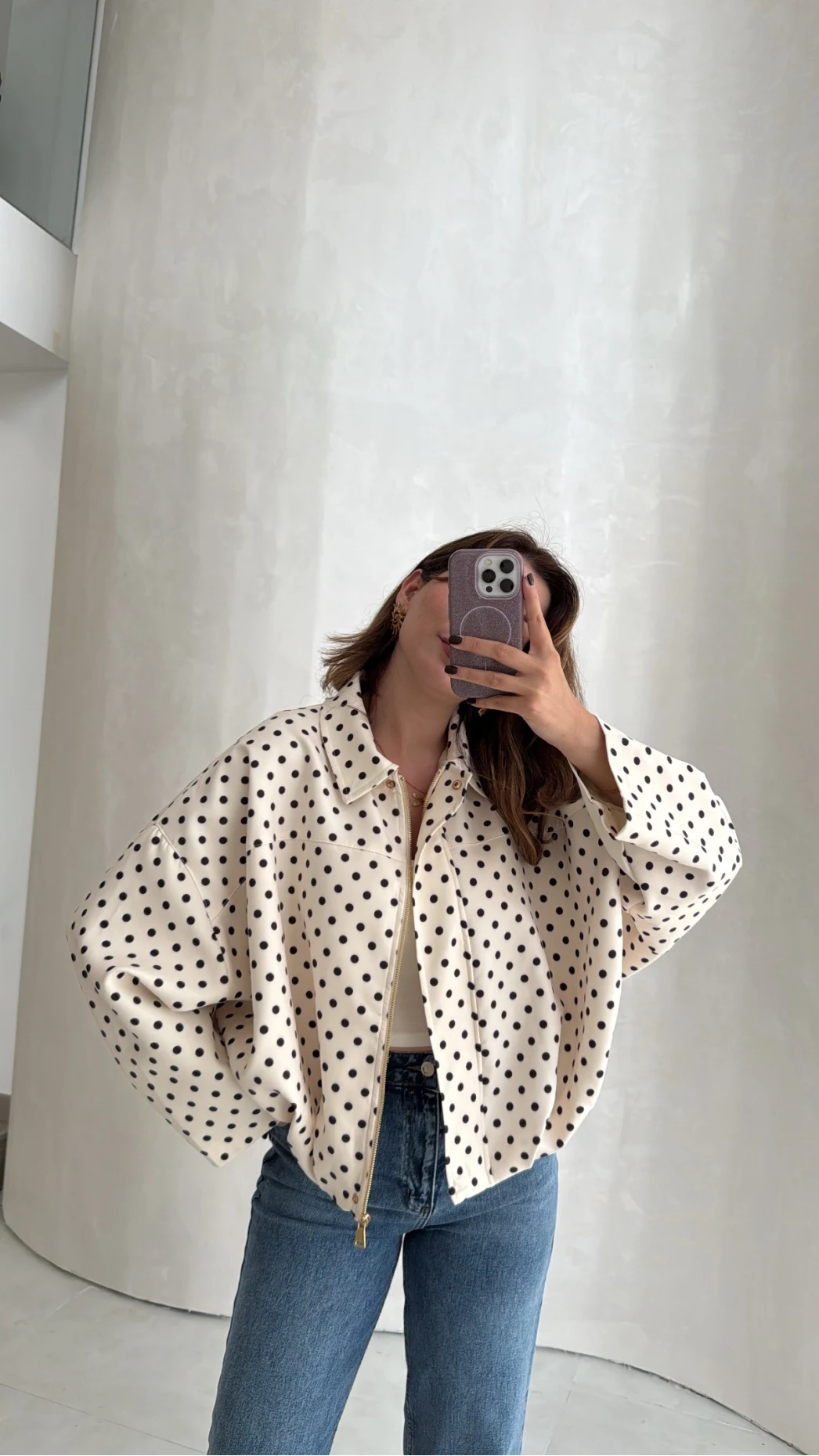 Dik Yaka Puantiyeli Bomber Ceket - Ekru - Kod: 260994