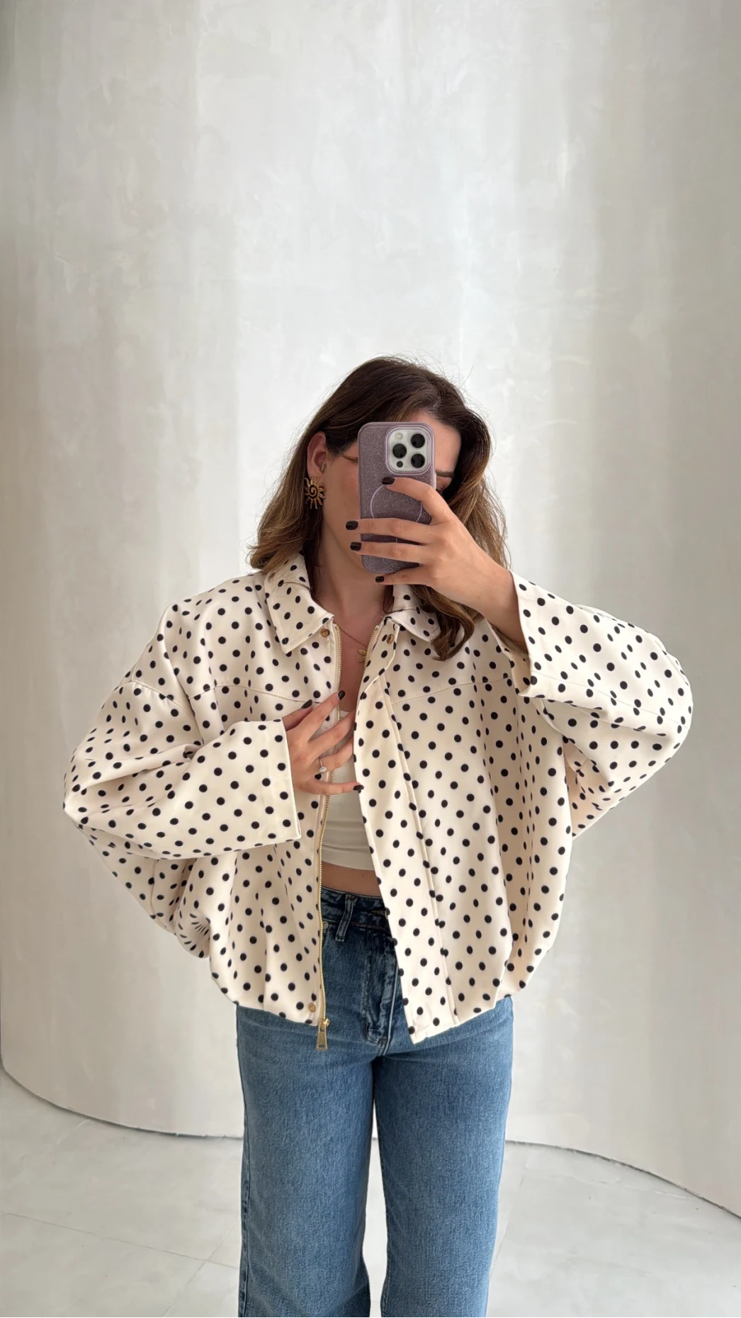 Dik Yaka Puantiyeli Bomber Ceket - Ekru - Kod: 260994