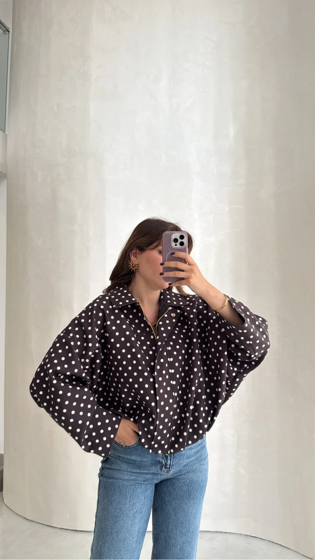 Dik Yaka Puantiyeli Bomber Ceket - Acı Kahve - Kod: 260994