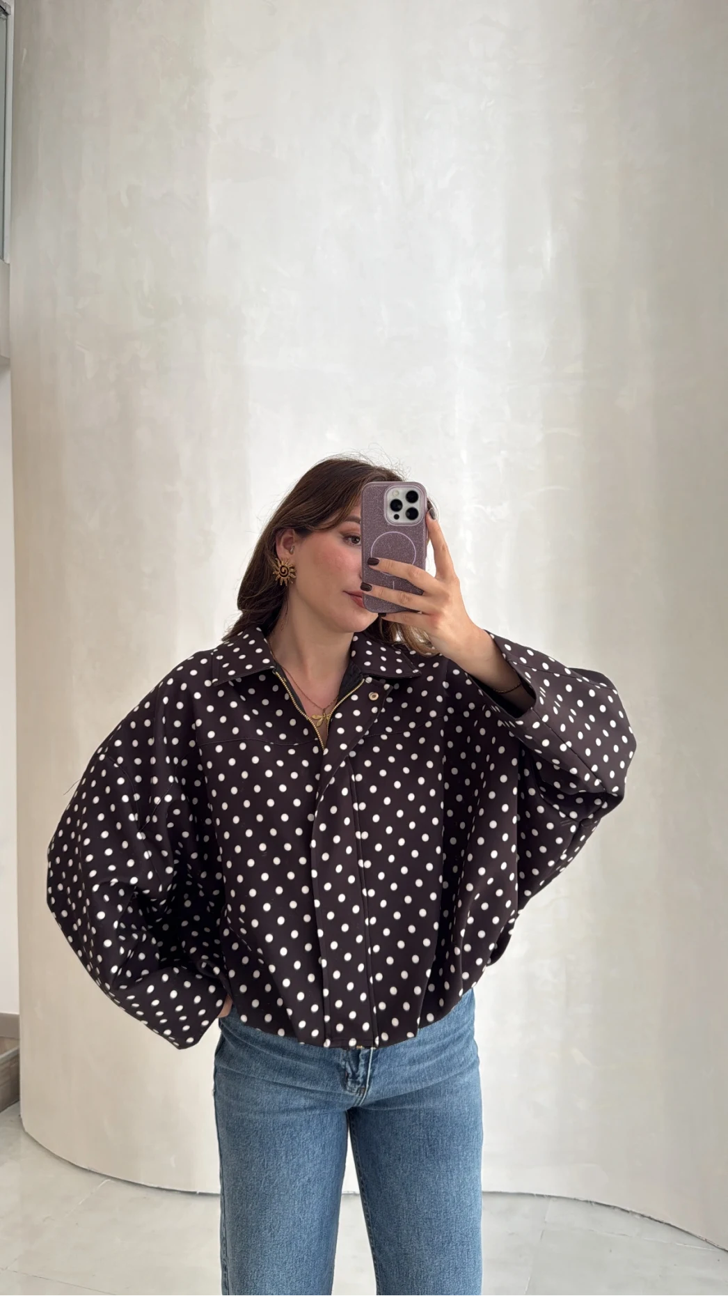 Dik Yaka Puantiyeli Bomber Ceket - Acı Kahve - Kod: 260994