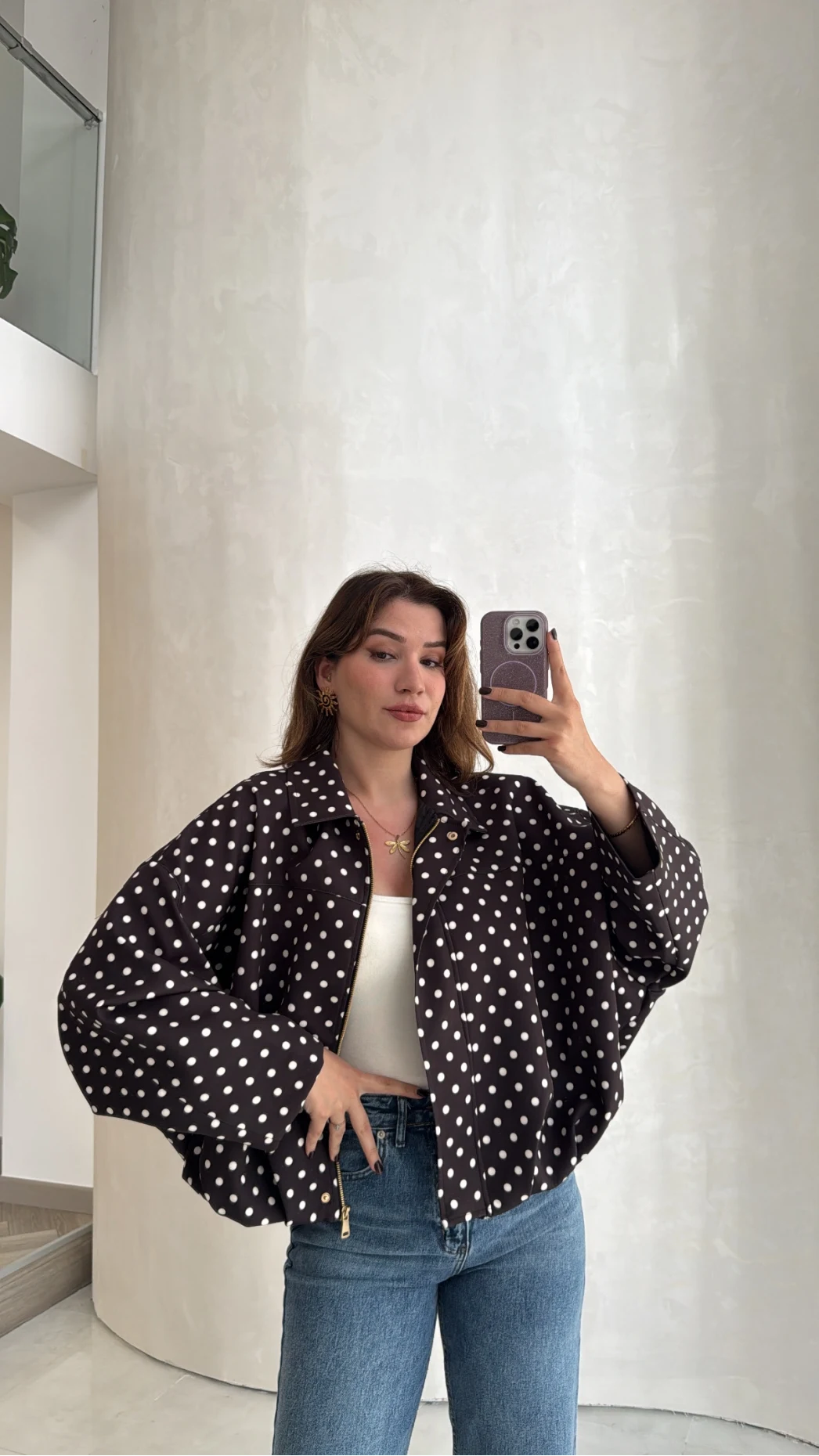 Dik Yaka Puantiyeli Bomber Ceket - Acı Kahve - Kod: 260994