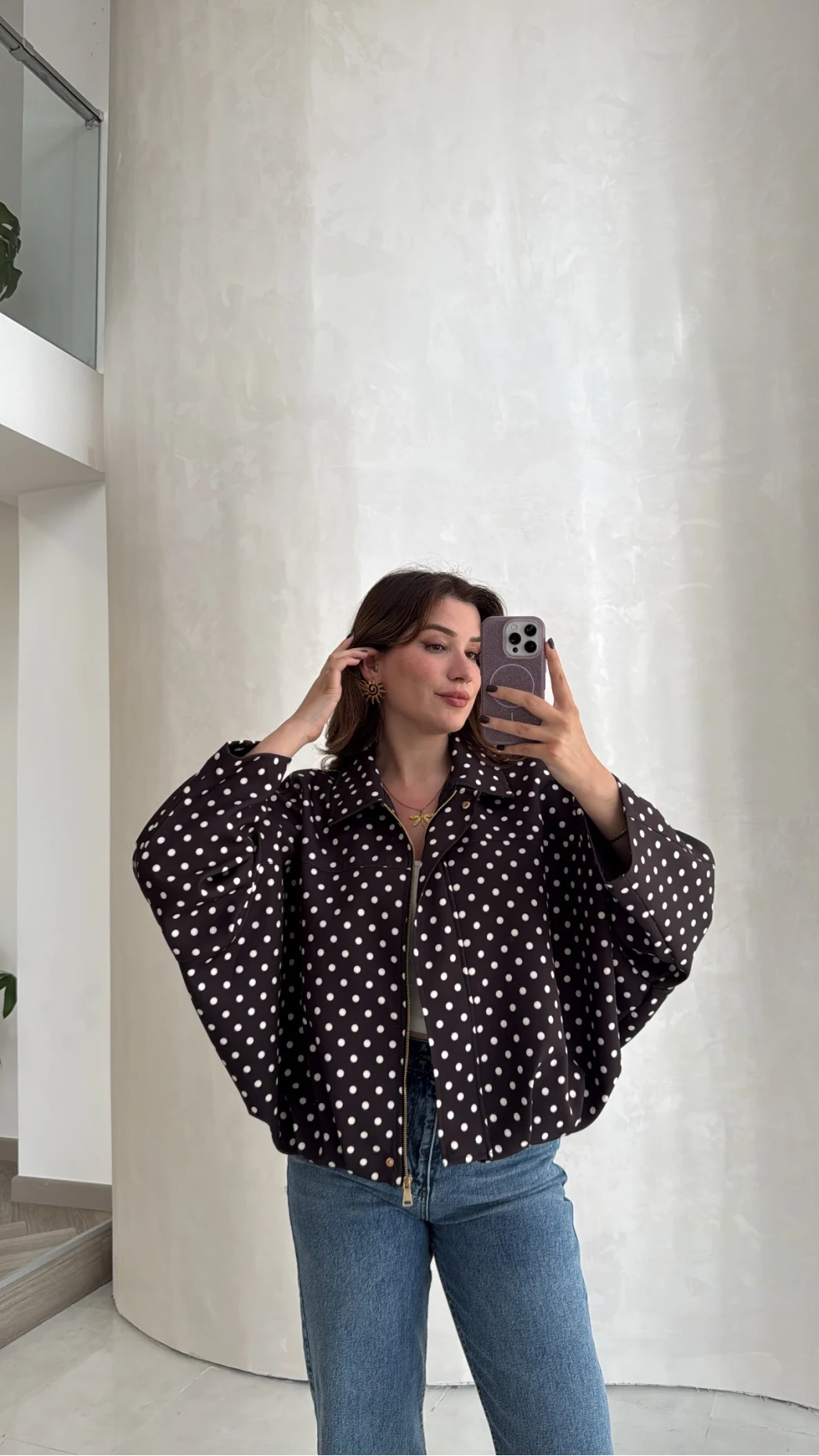 Dik Yaka Puantiyeli Bomber Ceket - Acı Kahve - Kod: 260994