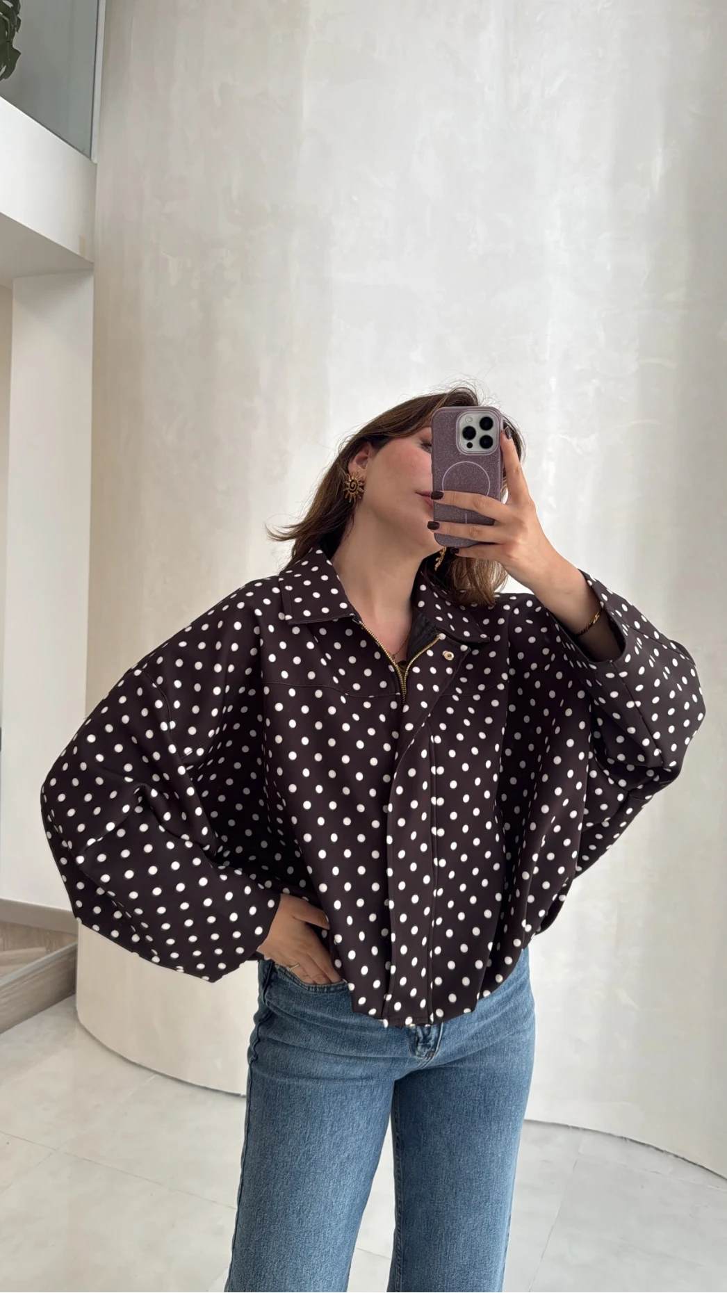 Dik Yaka Puantiyeli Bomber Ceket - Acı Kahve - Kod: 260994