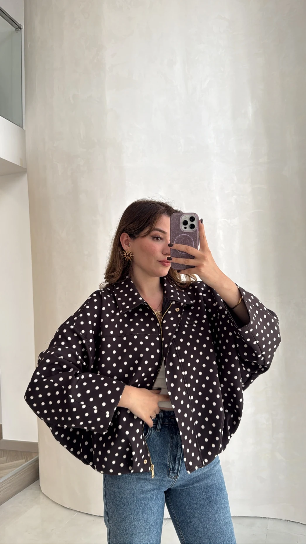 Dik Yaka Puantiyeli Bomber Ceket - Acı Kahve - Kod: 260994