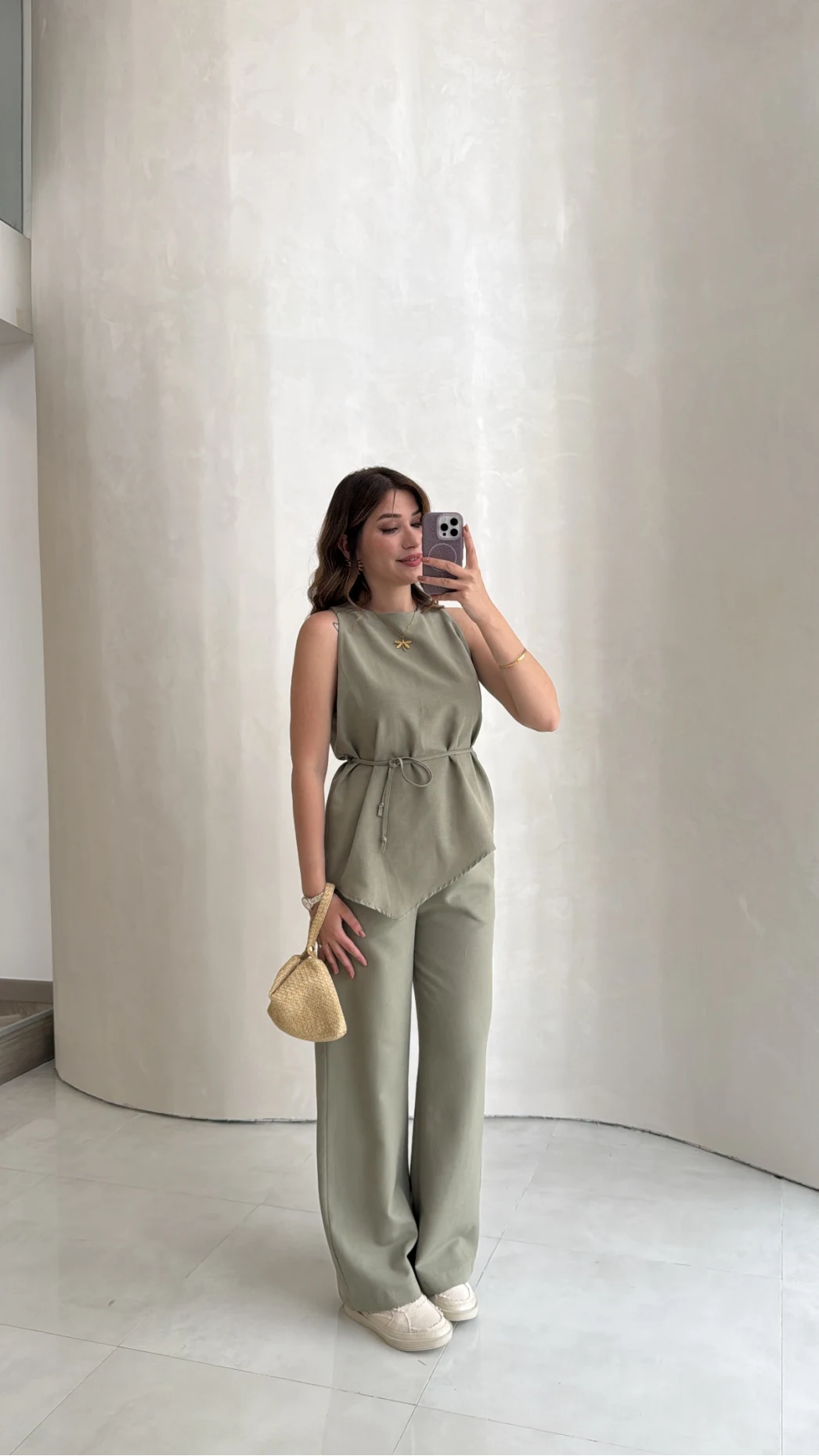 Adel Bağcıklı Asimetrik Bluz Pantolon Takım - Haki - Kod: 8784