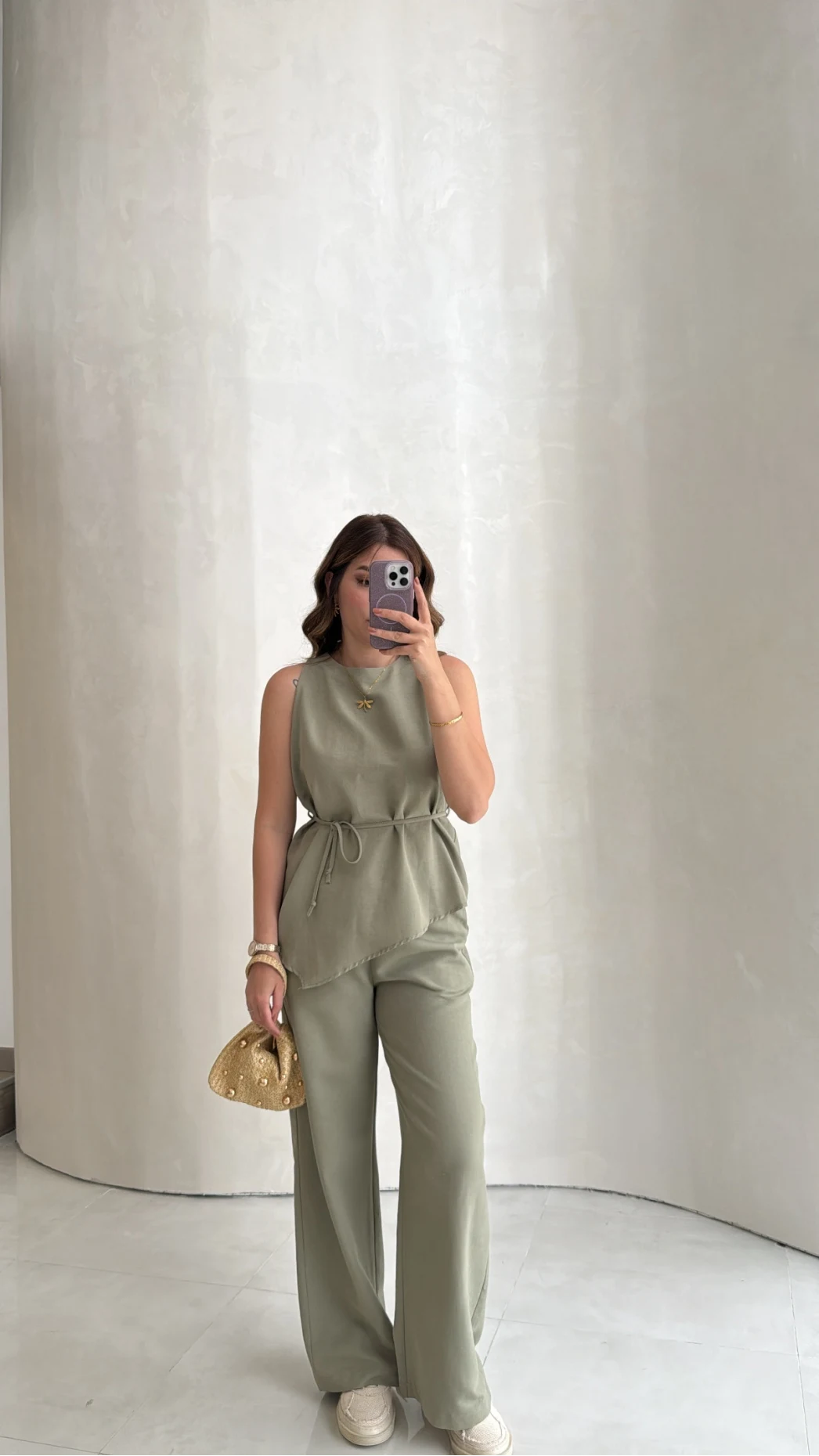 Adel Bağcıklı Asimetrik Bluz Pantolon Takım - Haki - Kod: 8784