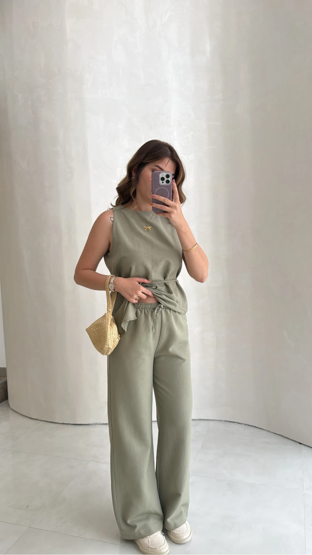 Adel Bağcıklı Asimetrik Bluz Pantolon Takım - Haki - Kod: 8784