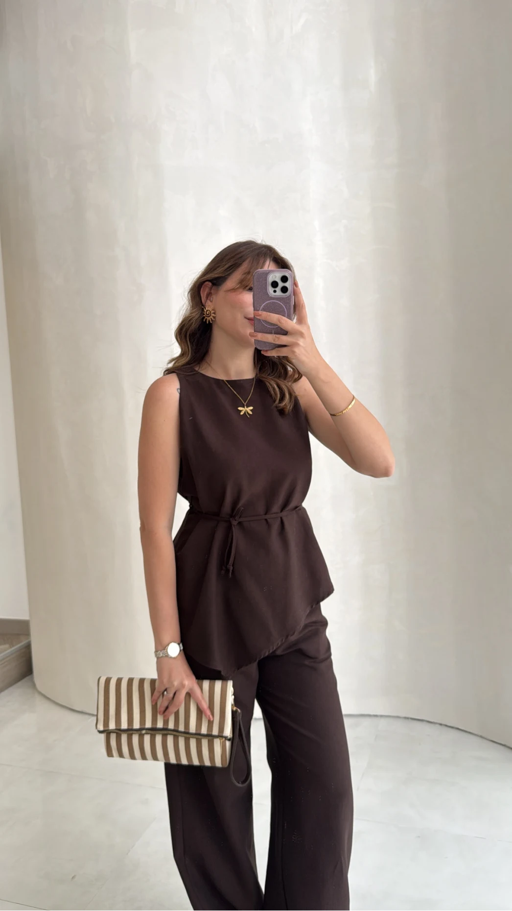 Adel Bağcıklı Asimetrik Bluz Pantolon Takım - Kahve - Kod: 8784