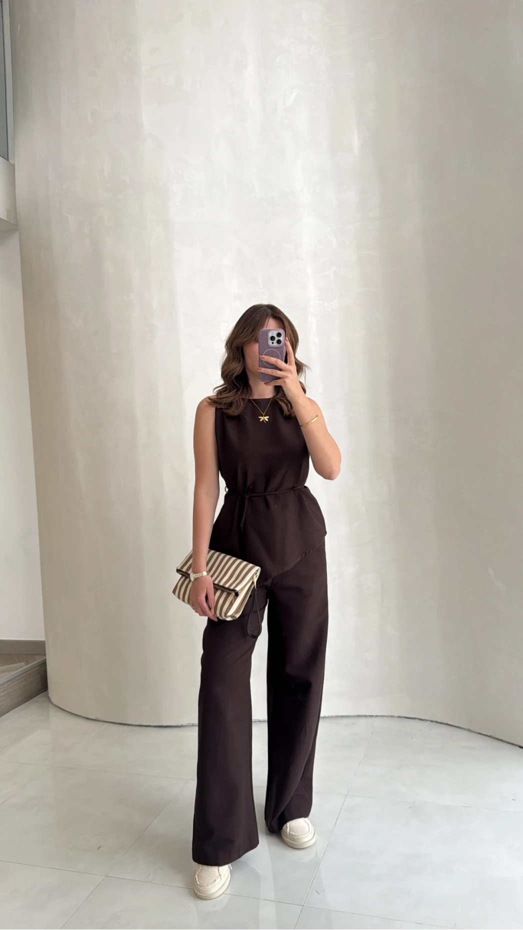 Adel Bağcıklı Asimetrik Bluz Pantolon Takım - Kahve - Kod: 8784